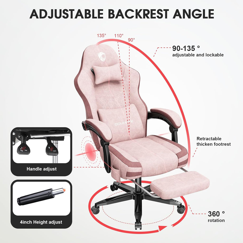 Gaming Chair, Fabric Computer Office Chair with Massage, Ergonomic Chair with Footrest Lumbar Support, Pocket Spring Widened Cushion Metal Legs 350LBS Pink