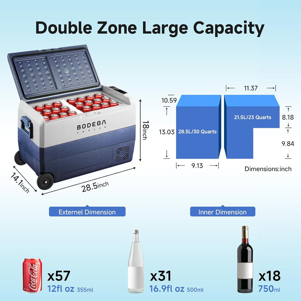 BODEGACOOLER 12 Volt Portable Refrigerator,53 Quart Car Fridge Freezer Dual Zone APP Control,（50L）-4℉-68℉ RV Car Cooler 12/24V DC and 100-240V AC for Outdoor,Vehicles,Camping,Travel