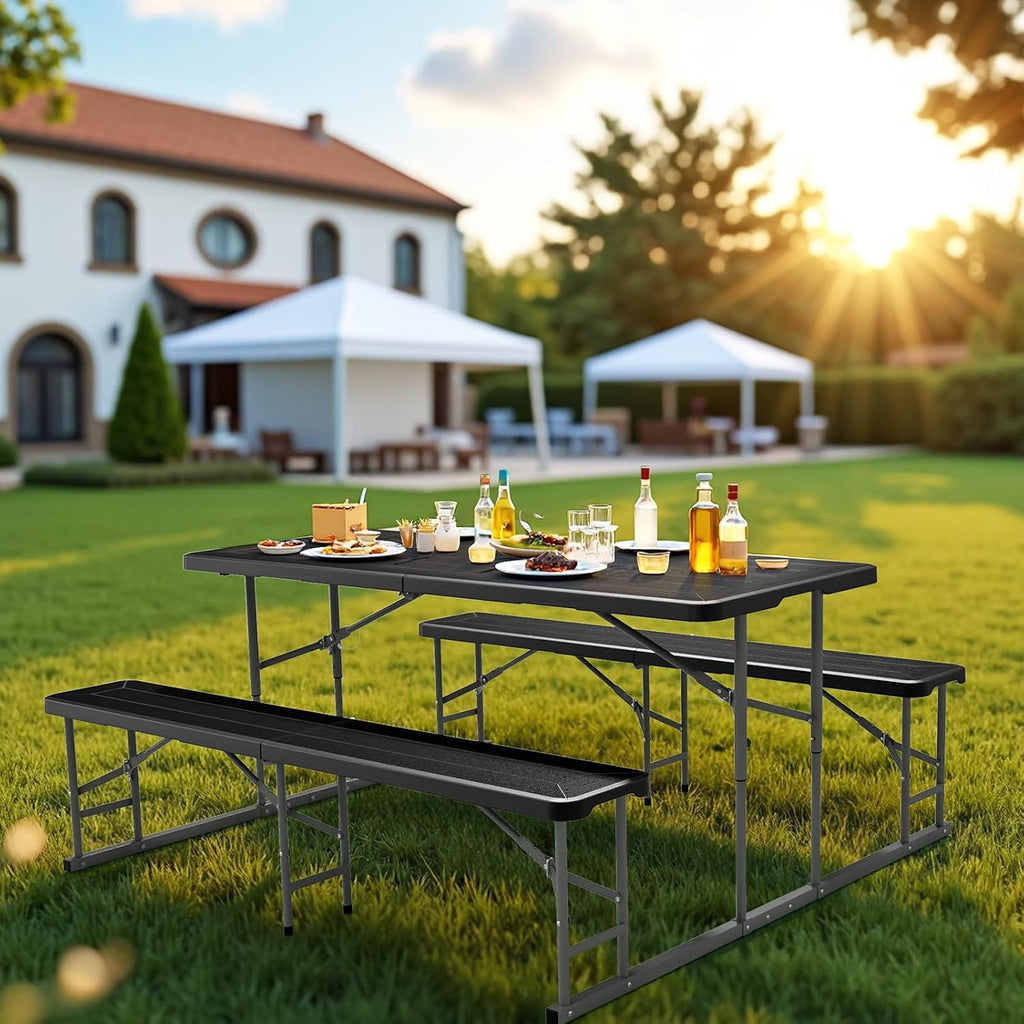 VINGLI Folding Picnic Table and Bench Set, Portable Outdoor Dining Furniture for Camping, Patio, Backyard, Wood Grain Plastic Top with Metal Frame (Black)