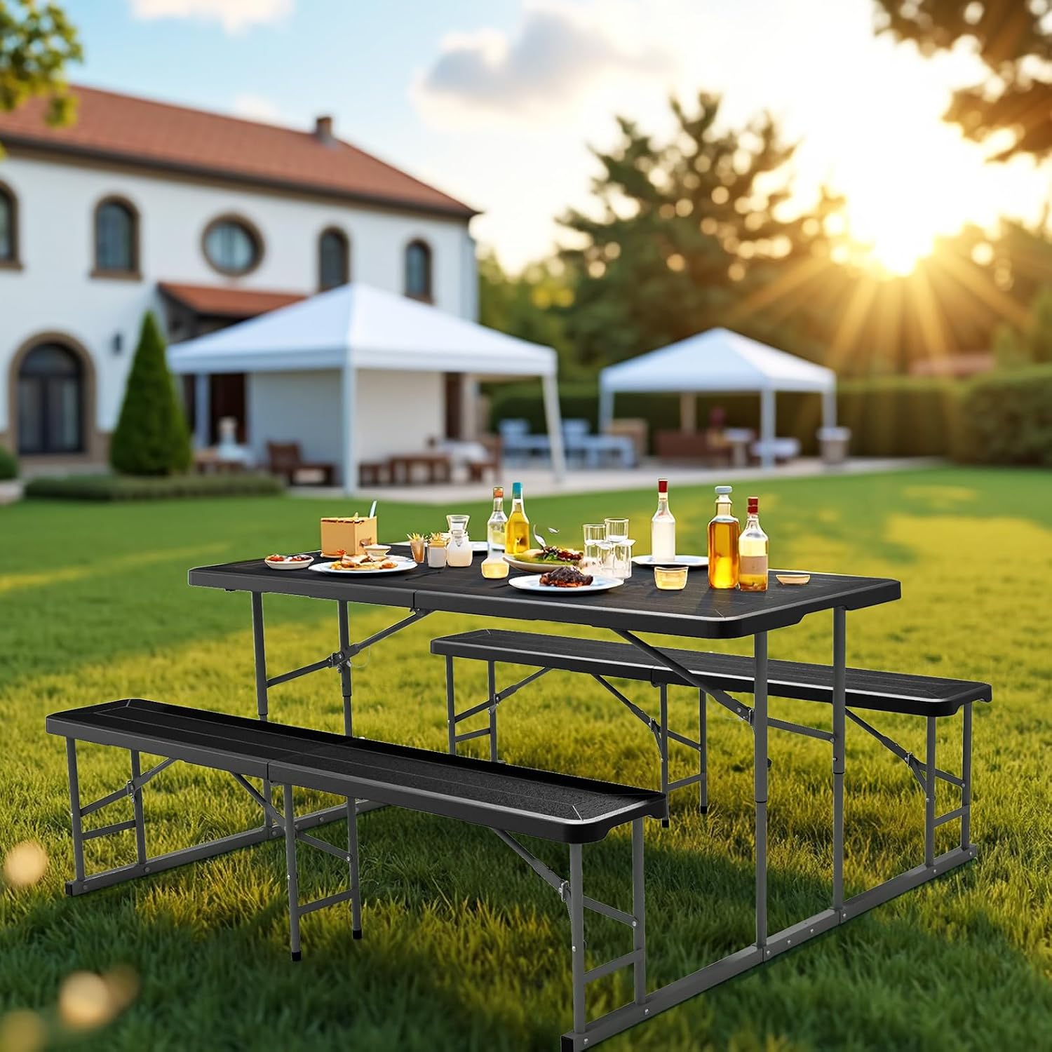 VINGLI Folding Picnic Table and Bench Set, Portable Outdoor Dining Furniture for Camping, Patio, Backyard, Wood Grain Plastic Top with Metal Frame (Black)