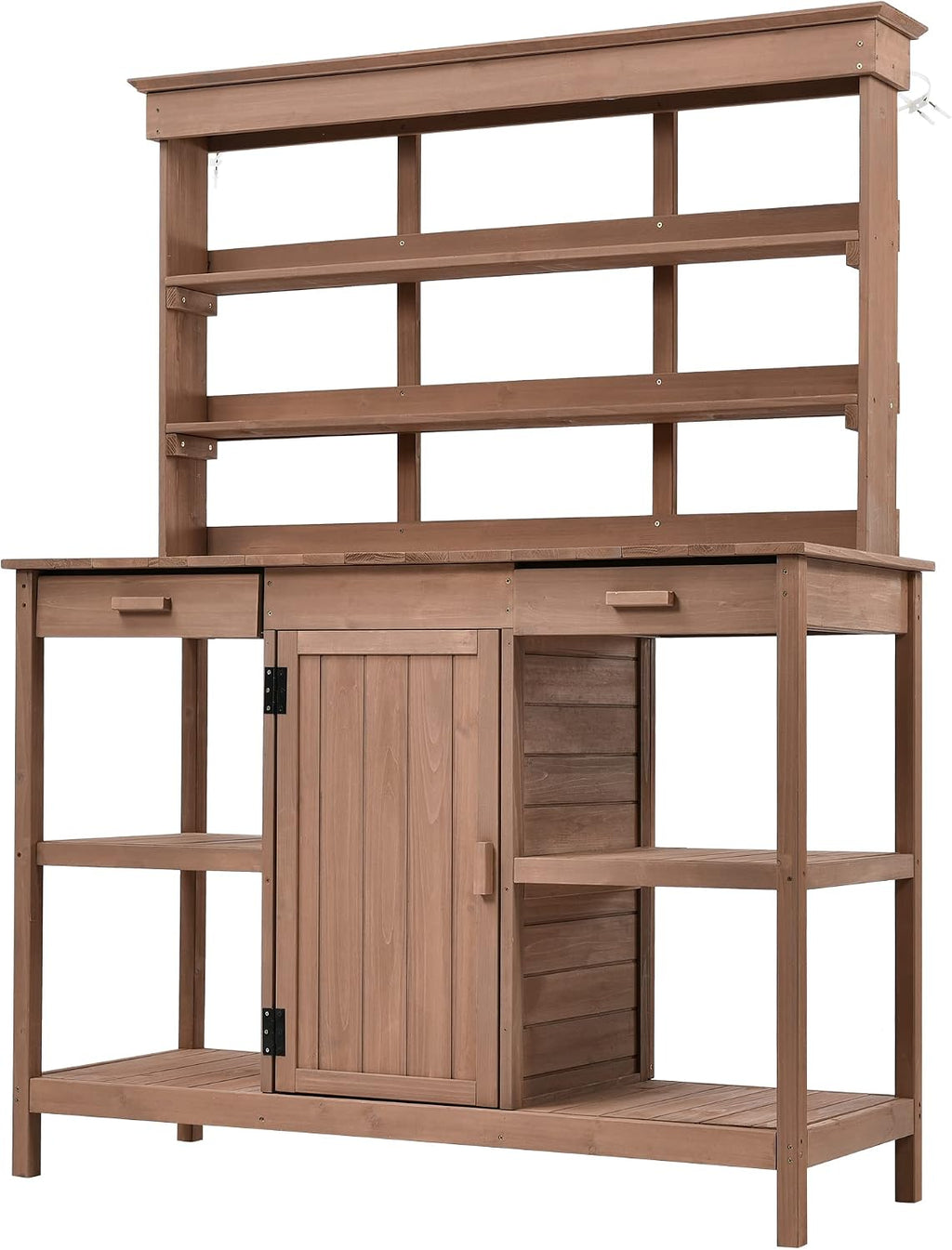 66' Large Outdoor Farmhouse Wooden Potting Bench Table, Garden Workstation with 2 Drawers, Cabinet and Open Shelves for Backyard, Mudroom (Brown/Outdoor#)