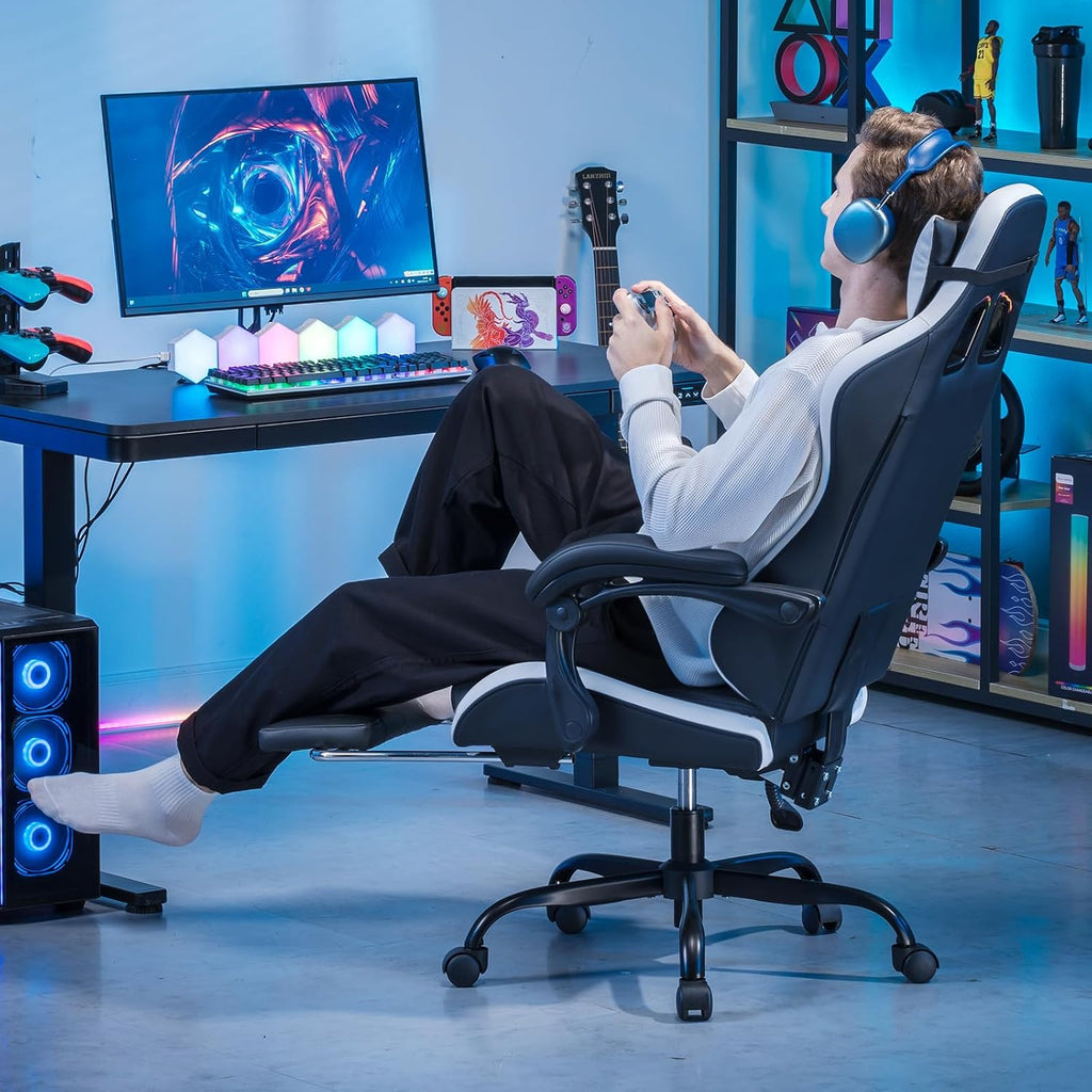 GTPLAYER Gaming Chair High Back Ergonomic Gamer Seat with Footrest and Lumbar Support Adjustable Reclining Swivel Computer Office Desk Chairs for Adults(White)