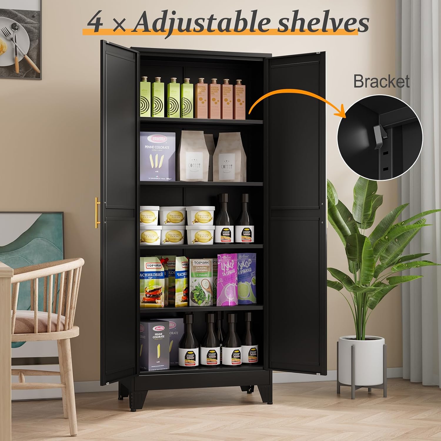 Black Pantry Storage Cabinet,71' Kitchen Pantry with Doors and 4 Adjustable Shelves, Metal Storage Cabinet, for Office, Home, Garage, School