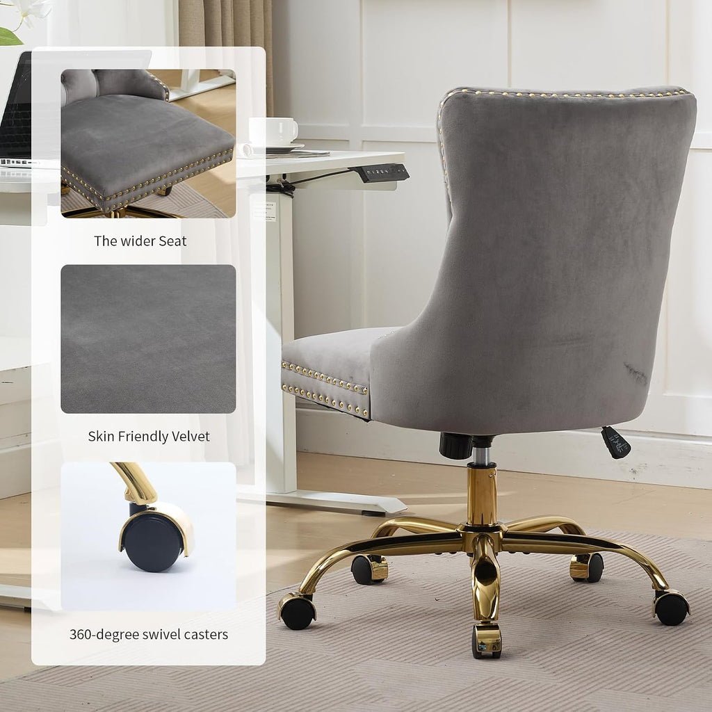 Grey Velvet Home Office Desk Chair with Wheels & Gold Base, Modern Swivel Comfy Office Chair Vanity Chair Task Chair, Upholstered Adjustable Wingback Armless Desk Chair for Home Office,Bedroom,Grey