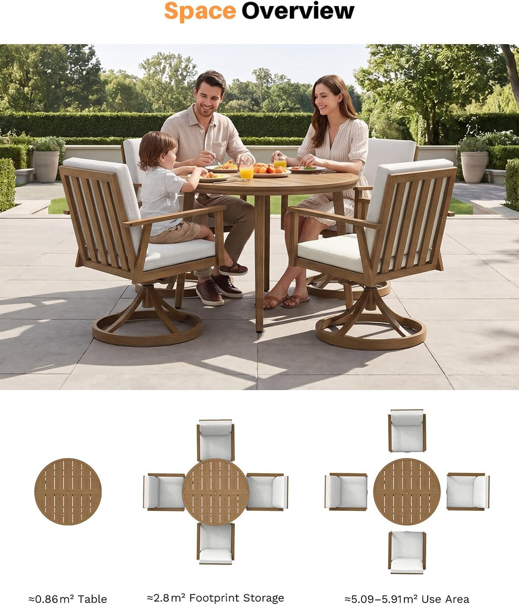 5-Piece Round Patio Swivel Dining Set, Aluminum Round Outdoor Dining Set with 4 Swivel Chairs, Patio Dining Table Set with Cushions, Never-Rust Outdoor Furniture Set for Pool, Deck, Lawn, Teak