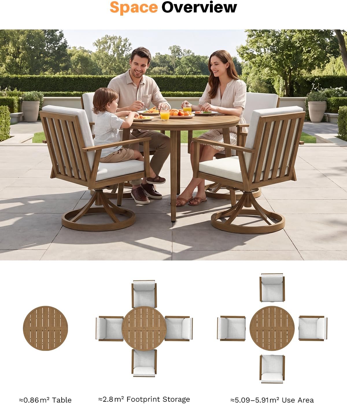 5-Piece Round Patio Swivel Dining Set, Aluminum Round Outdoor Dining Set with 4 Swivel Chairs, Patio Dining Table Set with Cushions, Never-Rust Outdoor Furniture Set for Pool, Deck, Lawn, Teak