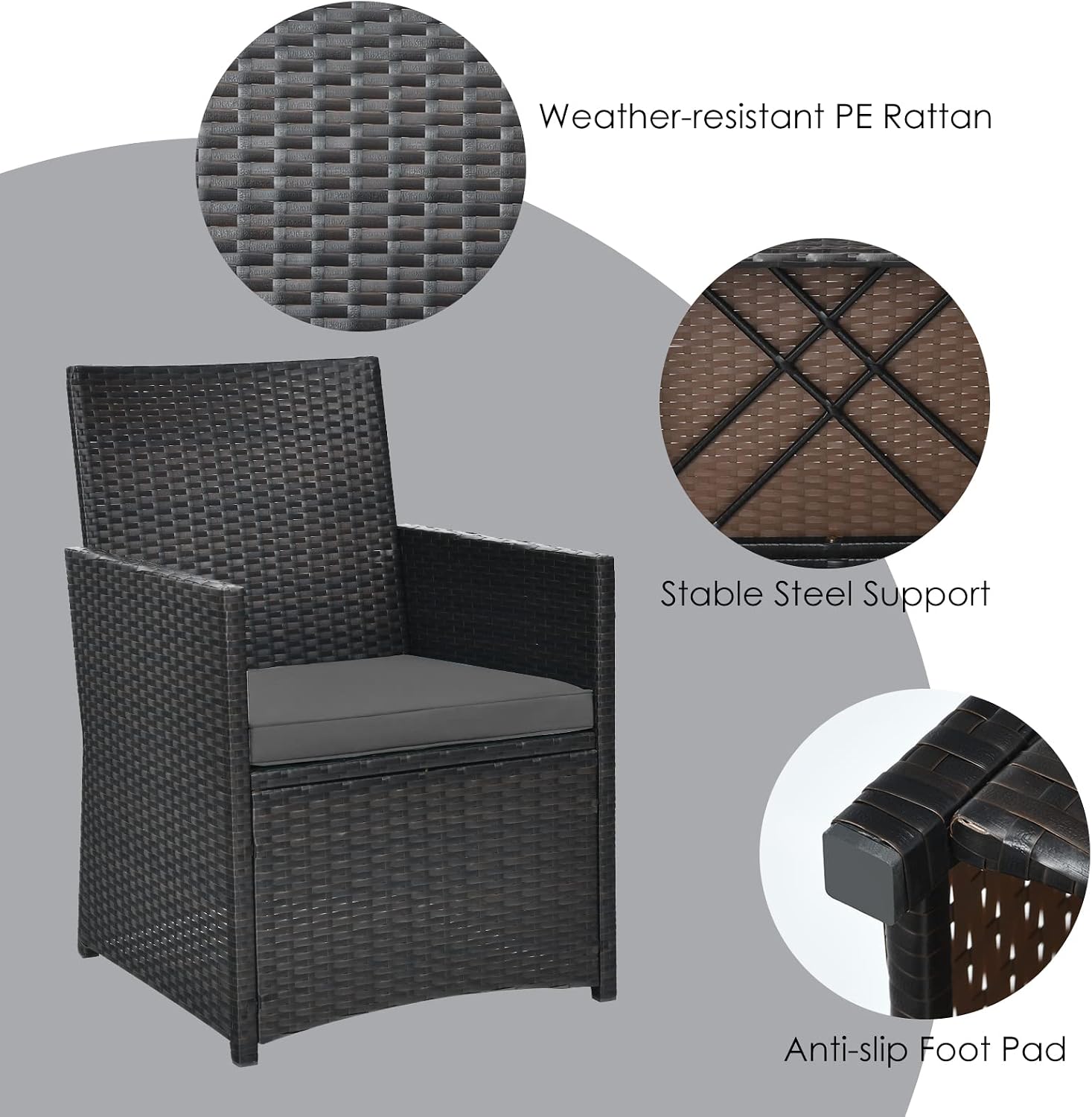 HAPPYGRILL 3 Piece Patio Furniture Set, Outdoor PE Rattan Wicker Bistro Set with Washable Cushions & Tempered Glass Table, for Backyard Porch Garden Balcony Poolside