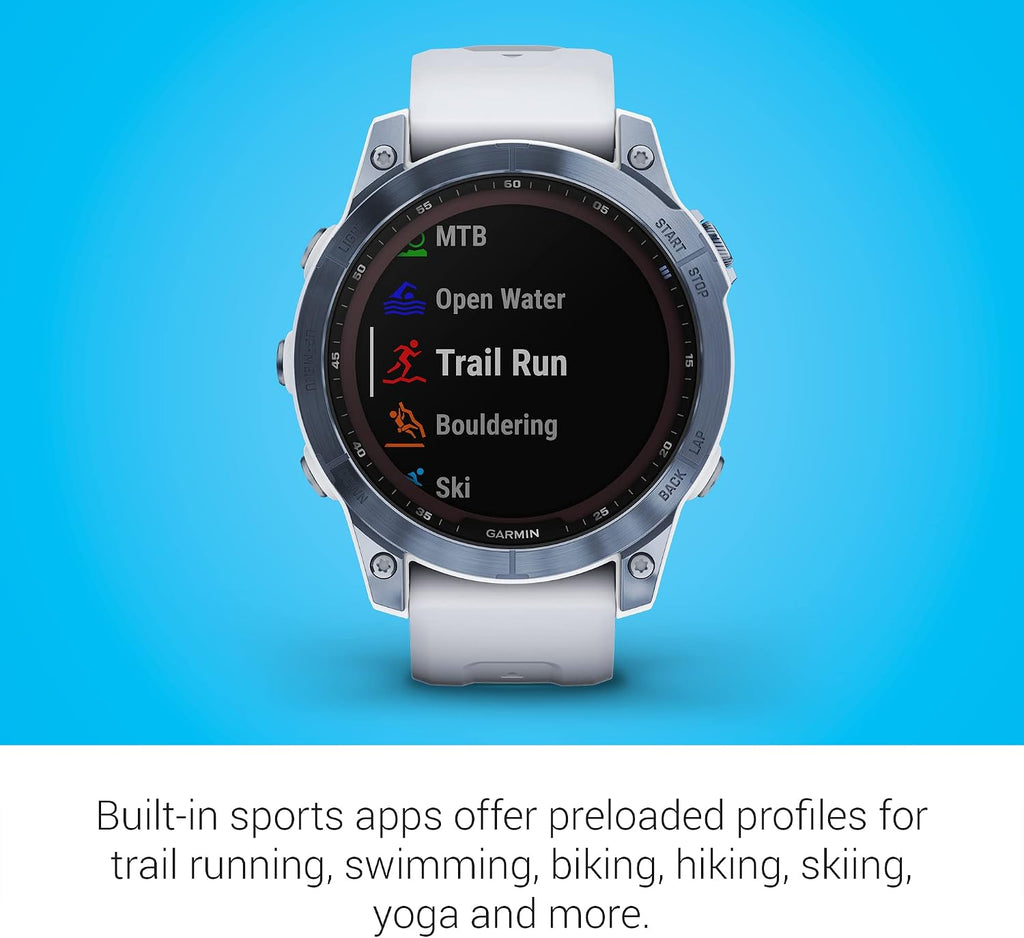 Garmin Fenix 7 Sapphire Solar, Adventure smartwatch, with Solar Charging Capabilities, Rugged Outdoor Watch with GPS, Touchscreen, Wellness Features, Mineral Blue DLC Titanium Whitestone Band