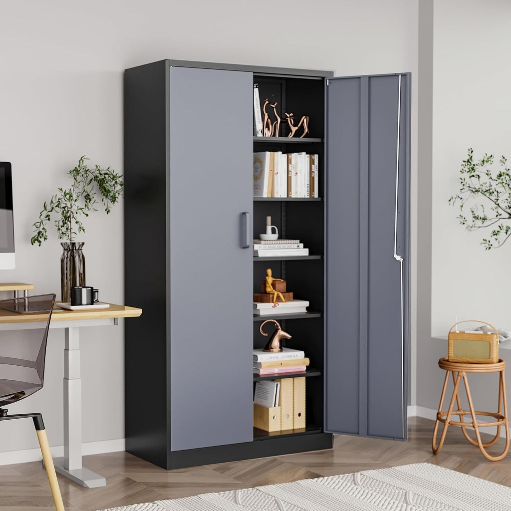 Metal Garage Cabinets, 72' Tall Locking Storage Cabinets with 2 Doors and 5 Adjustable Shelves, Steel Utility Tool Cabinet, Lockable Outdoor Storage Cabinet for Pantry, Garage, Home Office