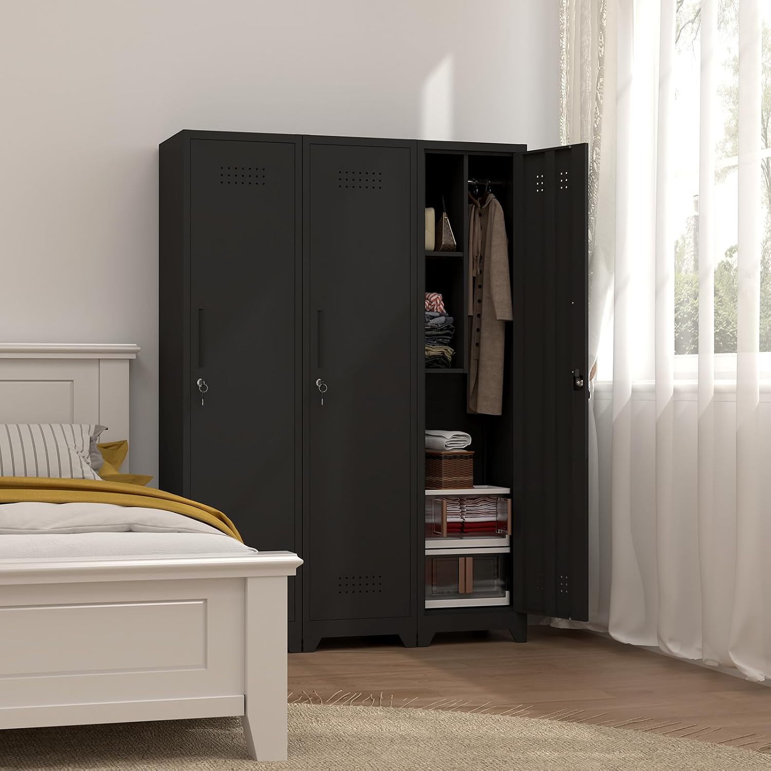 Slim Broom Closet Storage Cabinet, Black Metal Cabinets with Lock and & S-Hooks, Cleaning Supply Cabinet, Utility Closet Cabinets for Garage, Office, Gym
