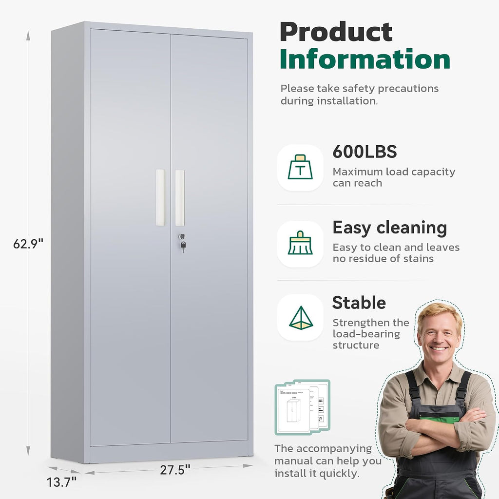 Greenvelly 63' H Metal Storage Cabinet Dark Grey, Locking Metal Cabinet, Store Tools, Clothes, Tableware and Toiletries, Garage Cabinets with Adjustable Shelves for Office, Home, Garage, Pantry