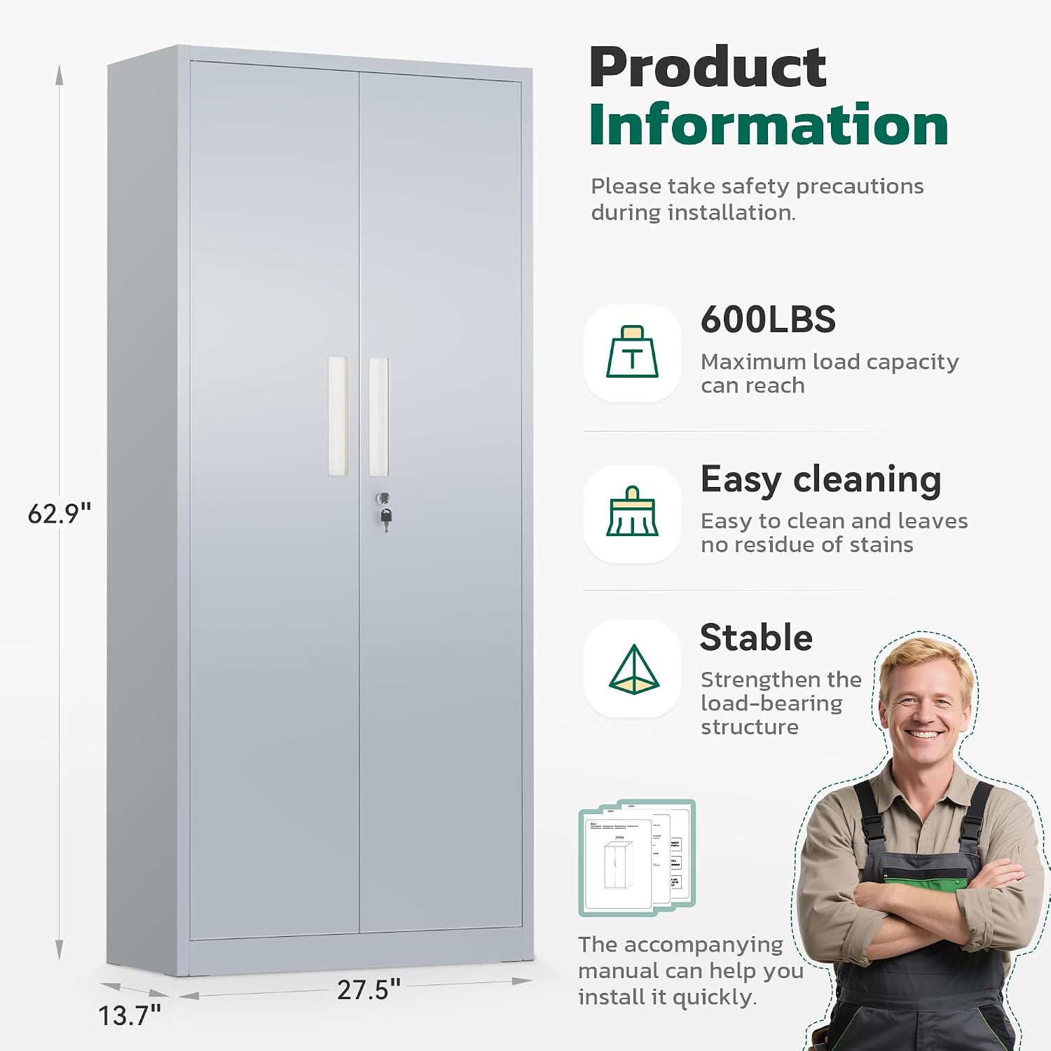 Greenvelly 63' H Metal Storage Cabinet Dark Grey, Locking Metal Cabinet, Store Tools, Clothes, Tableware and Toiletries, Garage Cabinets with Adjustable Shelves for Office, Home, Garage, Pantry