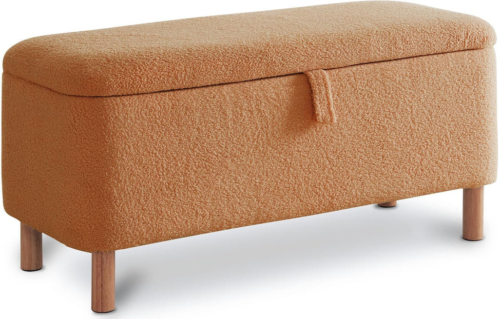Storage Ottoman Bench for Bedroom End of Bed, Boucle Upholstered Padded Storage Bench for Entryway Bed Foot Entryway, Sherpa Rectangle Cushion Shoe Seat Blanket Chest Cute for Living Room, Orange