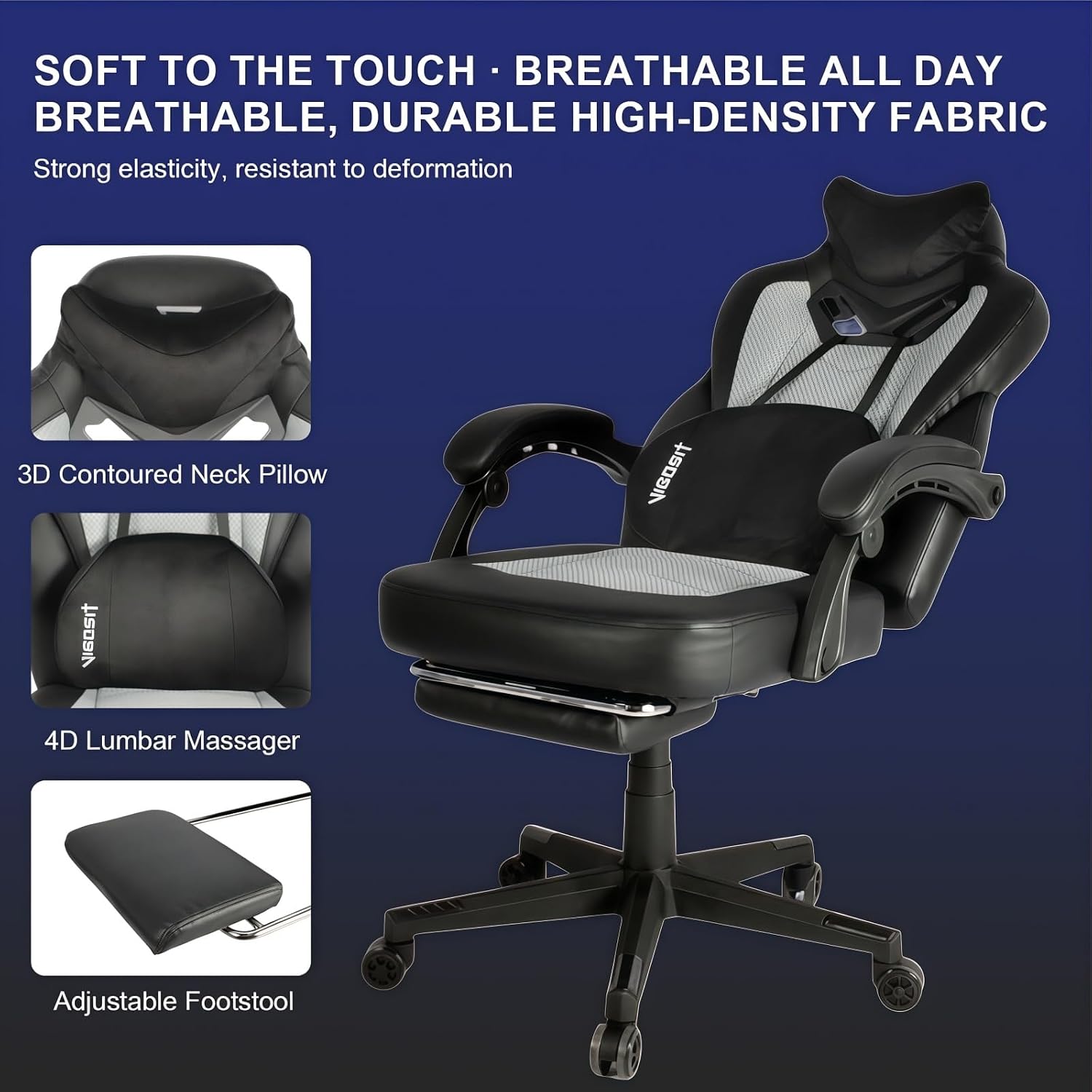 Vigosit Gaming Chair PRO, Ergonomic Gaming Chairs for Adults Heavy People, Massage Reclining Office Desk Computer Chair with Footrest and Lumbar Support, Big Tall Mesh Gamer Chair with Cushion (Grey)