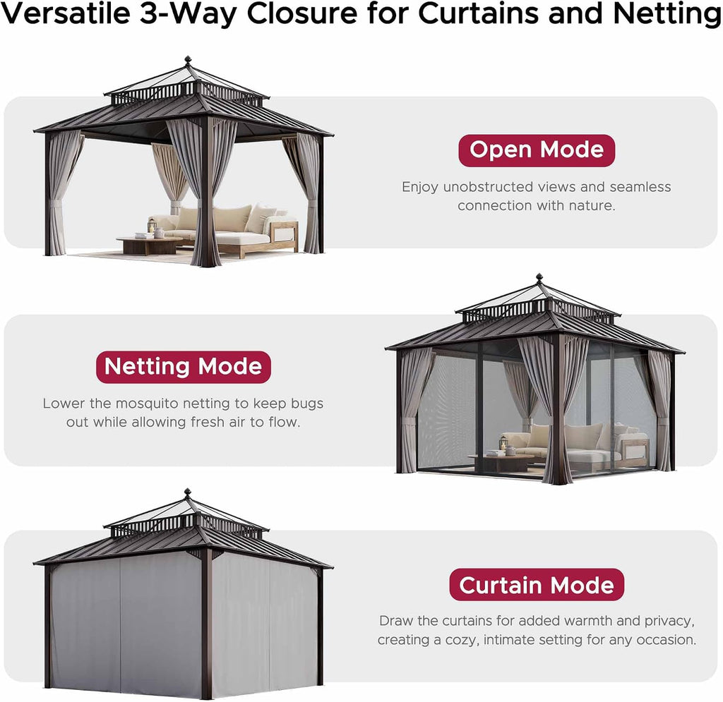 SUNJOY Kingston 12' x 12' Hardtop Gazebo with Galvanized Steel/Polycarbonate Double Roof, Curtain and Netting, Brown Aluminum Posts Permanent Pavilion Gazebo for Garden, Patio, Deck, Lawn