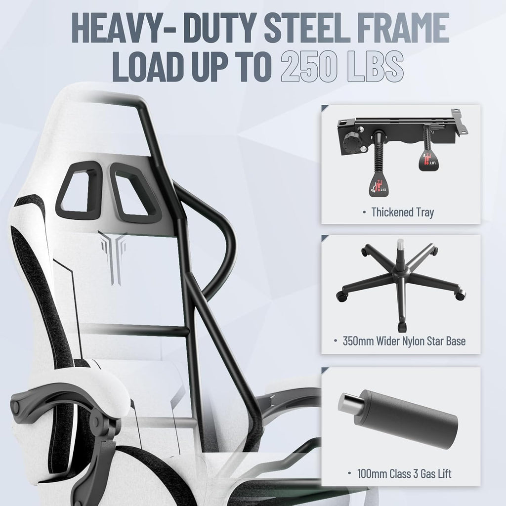 Soontrans White Gaming Chair, Fabric Ergonomic Computer Chair with Footrest and Linkage Armrest for Adult, High Back Office Game Chair with Massage Lumbar Support
