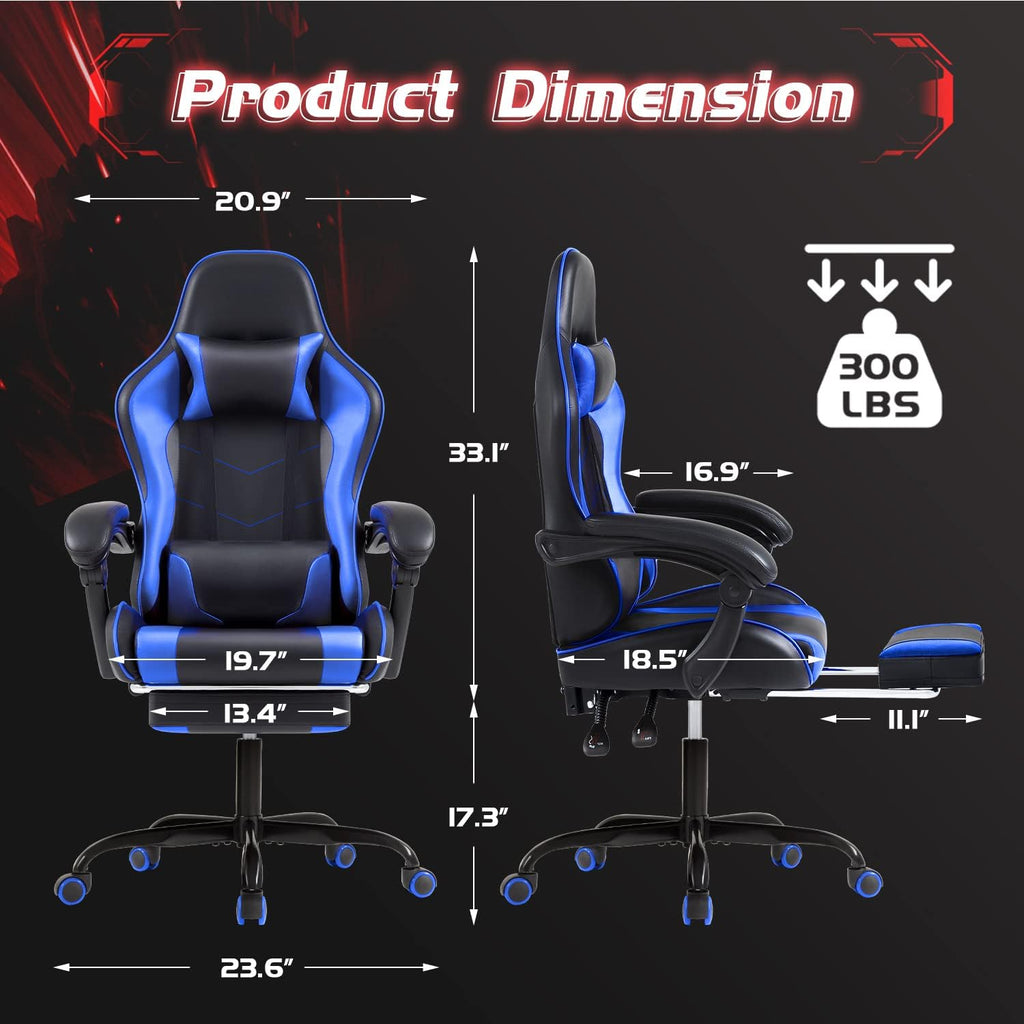 Shahoo Gaming Chair with Footrest and Massage Lumbar Support, Video Game Chairs Height Adjustable Seat with Headrest for Office or Bedroom, Study Room, Dark Blue