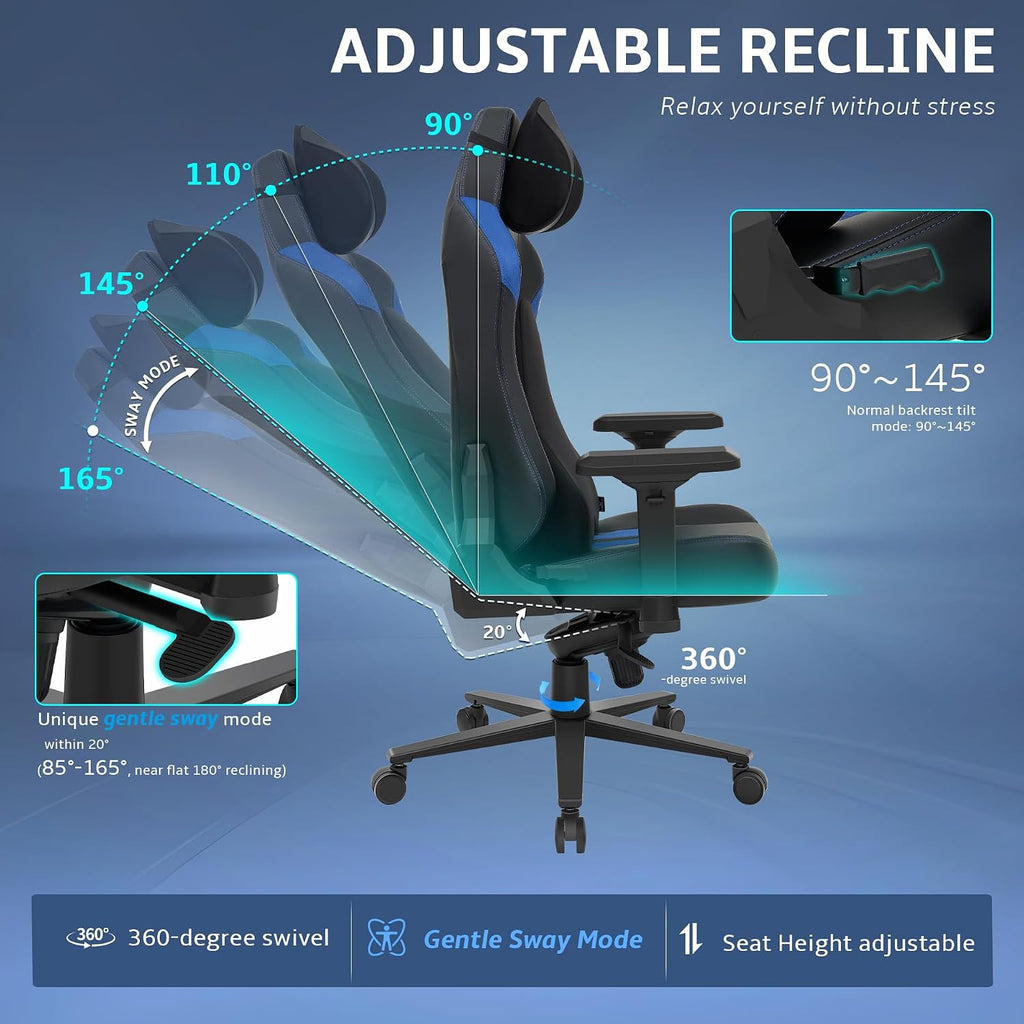 Ergonomic Gaming Chair, Computer Desk Chairs, 4D Armrests, High Back Office Chair with Headrest & Lumbar Pillow, Tilt Rocker Recliner, Heavy-Duty Base, Black PU Leather & Blue Suede Combo