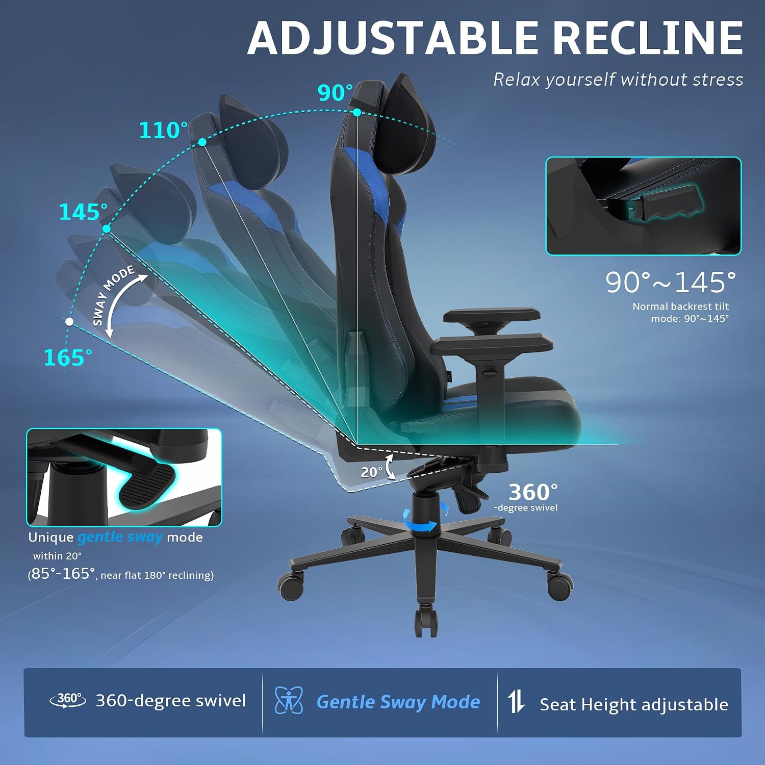 Ergonomic Gaming Chair, Computer Desk Chairs, 4D Armrests, High Back Office Chair with Headrest & Lumbar Pillow, Tilt Rocker Recliner, Heavy-Duty Base, Black PU Leather & Blue Suede Combo