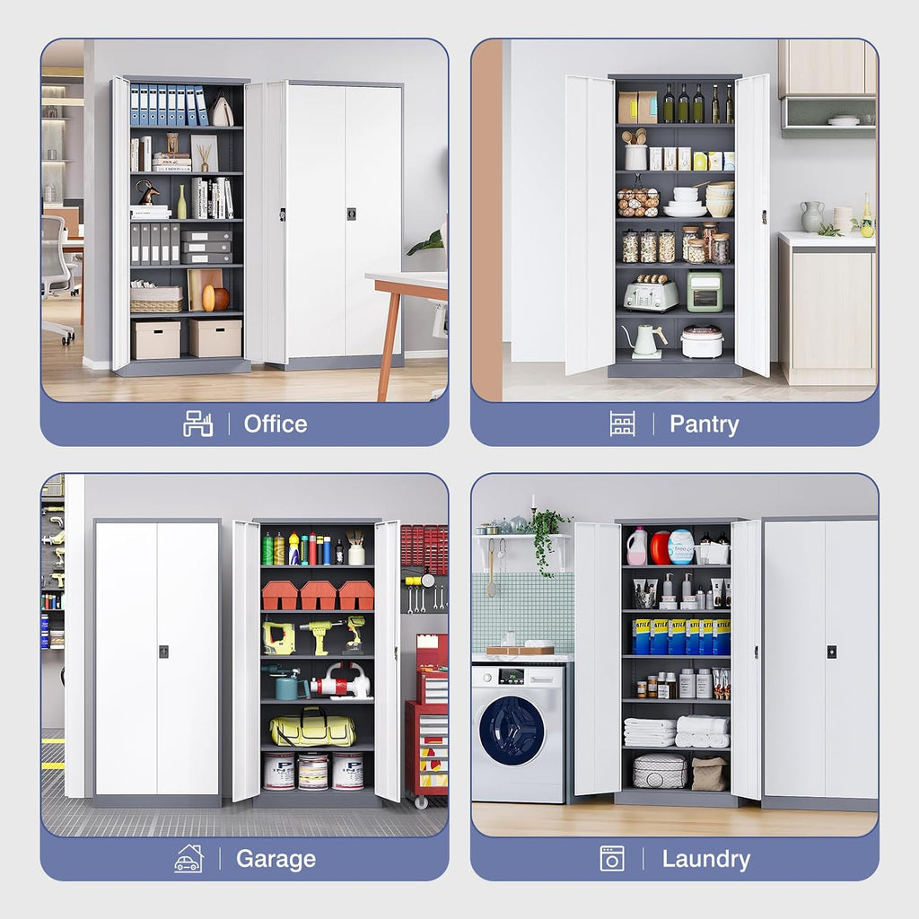 Metal Cabinet,Locking Storage Cabinet with 2 Doors and 5 Adjustbale Shelves,72' Tall Tool Steel Cabinets for Garage,Home Office,School,Gym(Grey & White)