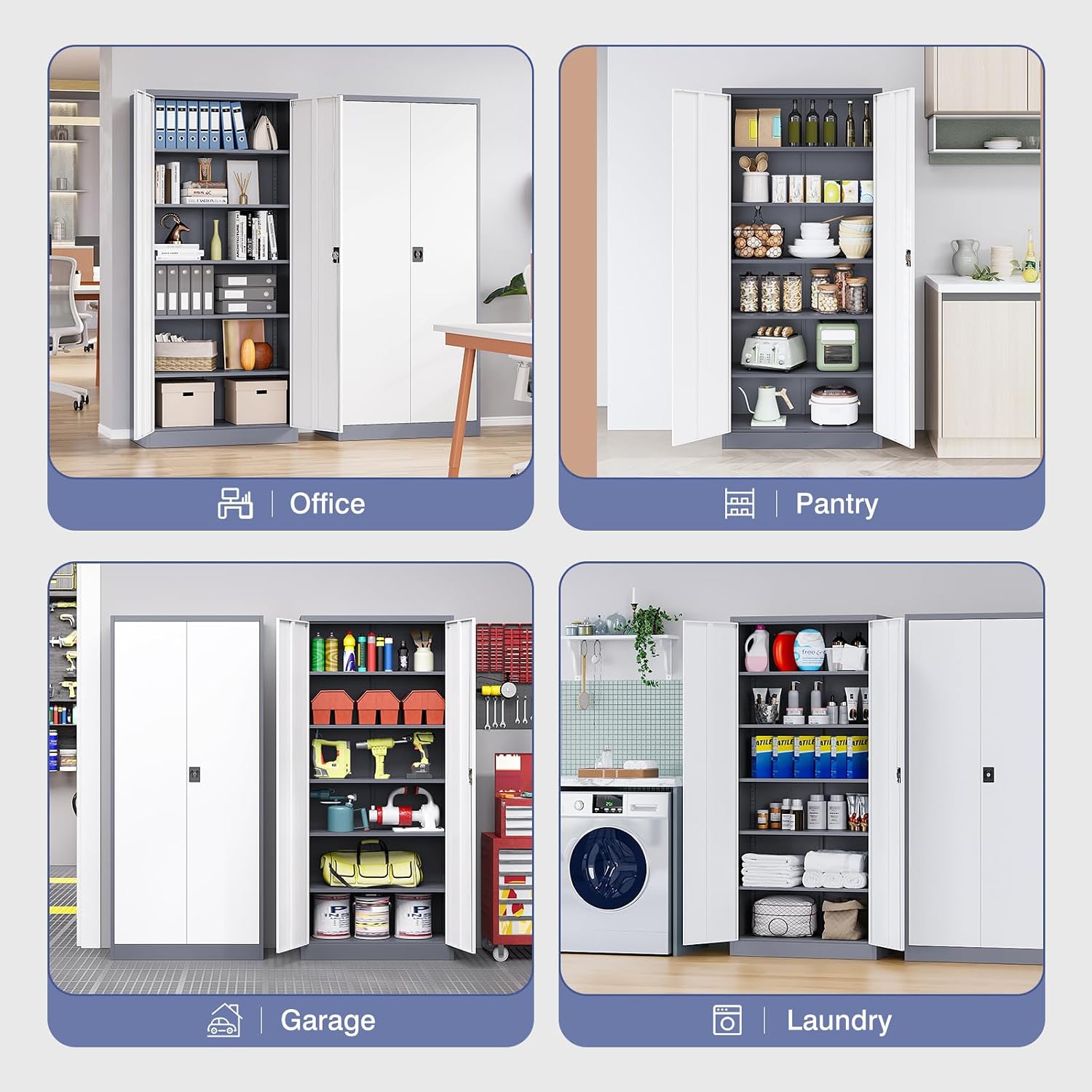 Metal Cabinet,Locking Storage Cabinet with 2 Doors and 5 Adjustbale Shelves,72' Tall Tool Steel Cabinets for Garage,Home Office,School,Gym(Grey & White)