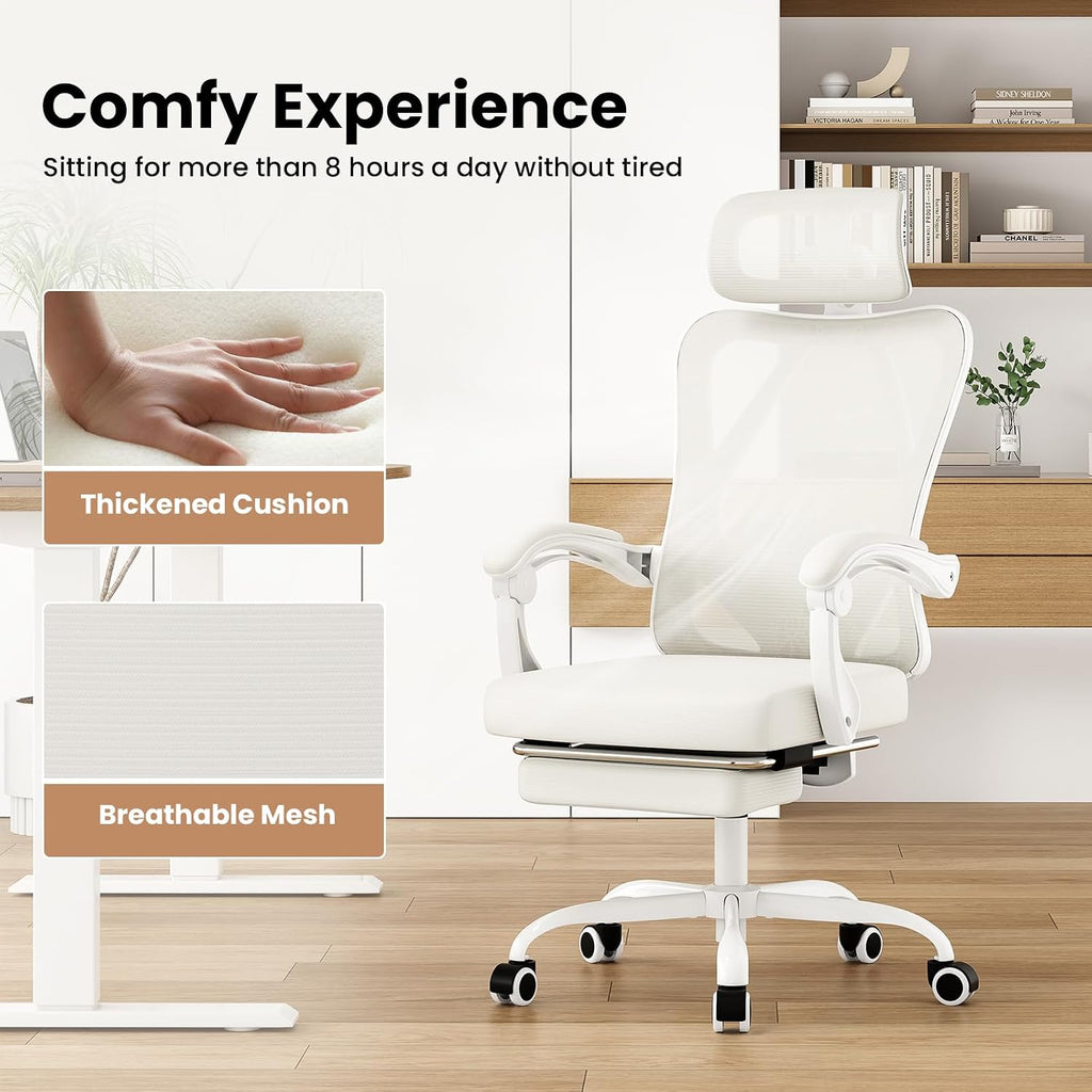Farini Office Chair with Footrest, Ergonomic Mesh Office Chair with Headrest, High Back Desk Chair with Lumbar Support, Swivel Computer Chair for Office Study Room, White and Beige