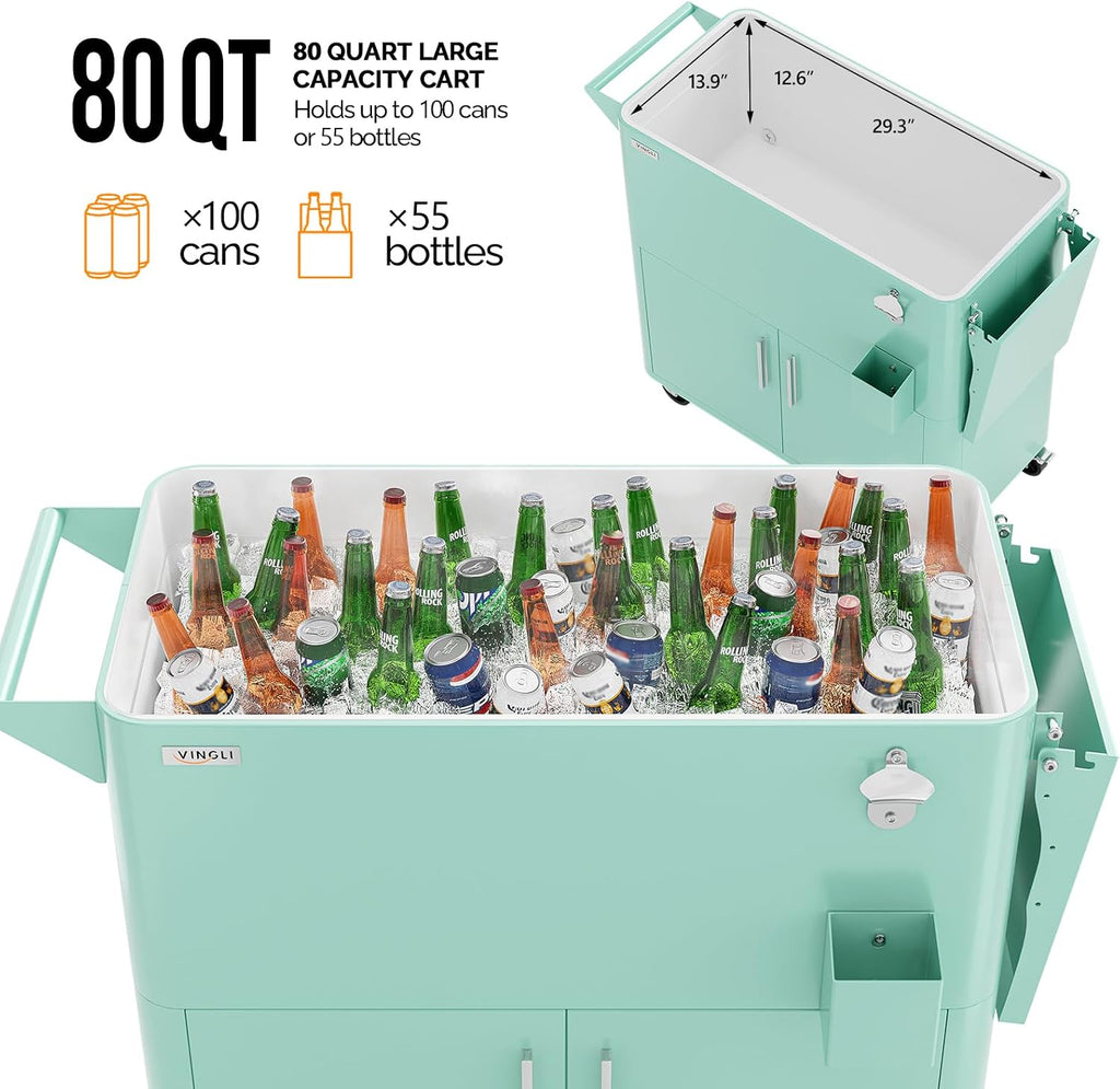 VINGLI Patio Cooler, Ice Chest with Storage Cabinet, Bottle Opener Drainage, Outdoor Cooler for Party, Deck, Pool
