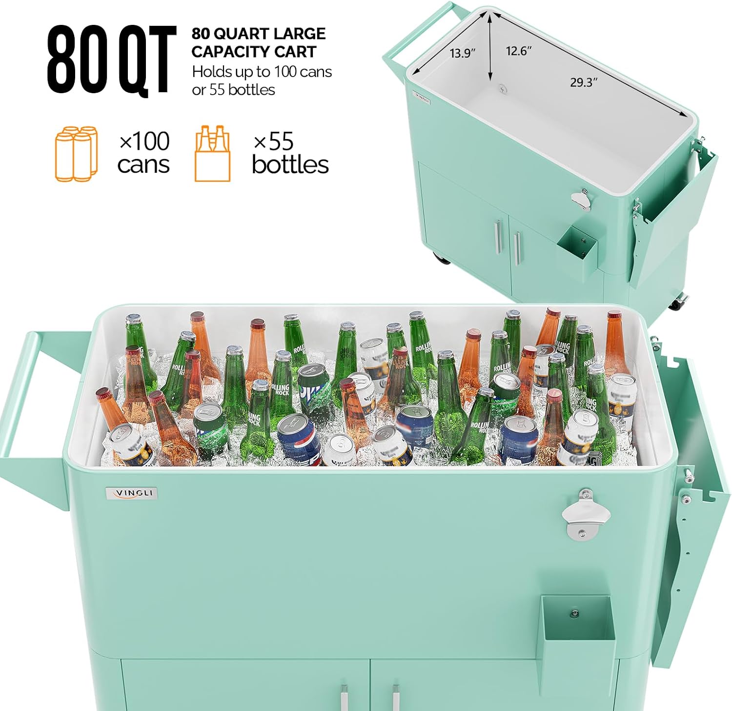 VINGLI Patio Cooler, Ice Chest with Storage Cabinet, Bottle Opener Drainage, Outdoor Cooler for Party, Deck, Pool