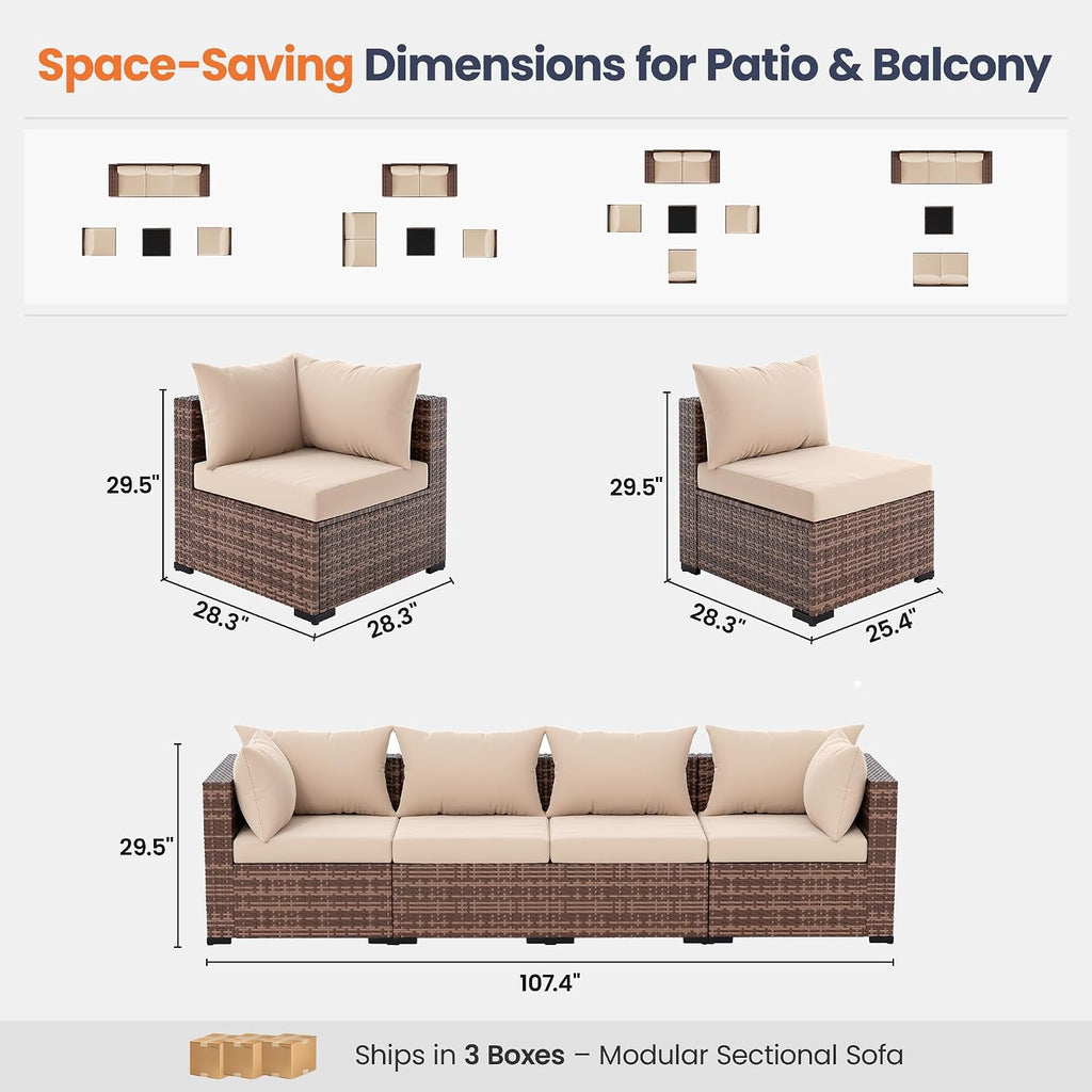 UDPATIO Patio Furniture Set with Fire Pit Table, 5 Piece Outdoor Sectional Sofas, All-Weather Wicker Conversation for Garden, Backyard, Khaki