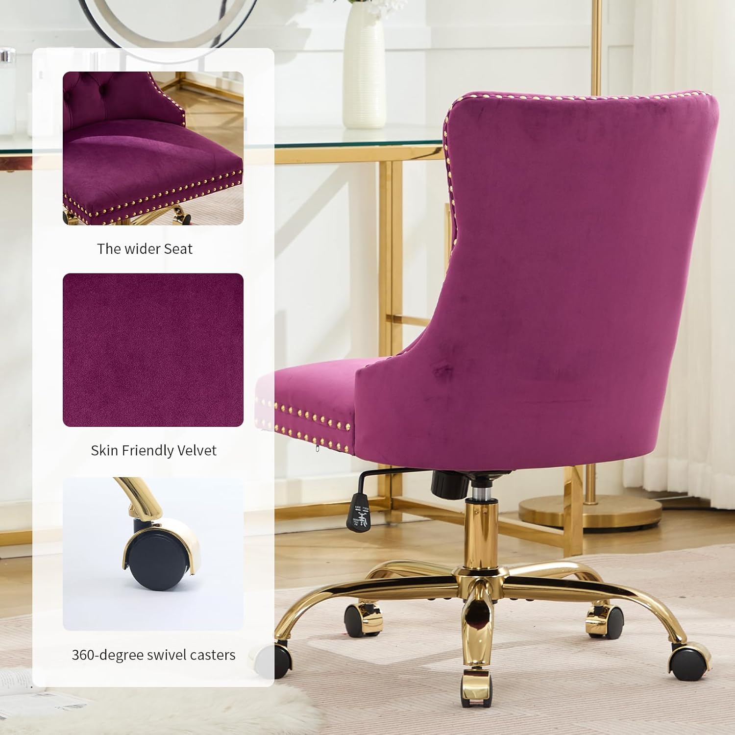 Purple Velvet Home Office Chair with Wheels & Gold Base, Cute Makeup Vanity Chair with Tufted Back for Bedroom, Upholstered Adjustable Swivel Comfy Desk Chair for Girls Women, Purple
