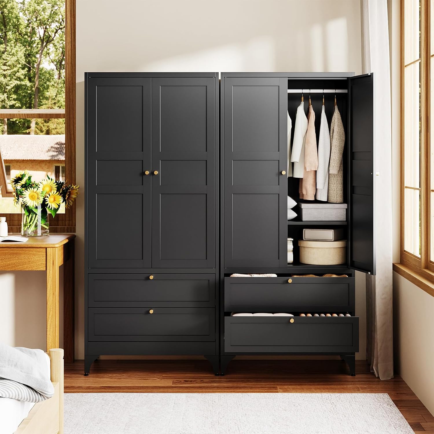 Letaya 71' Metal Wardrobe Cabinets with 2 Drawers,Steel Armoire Wardrobe Closet with Doors and Shelves,Clothing Storage Cabinets with Hanging Rod for Bedroom, Gym, Cloak Room,Black