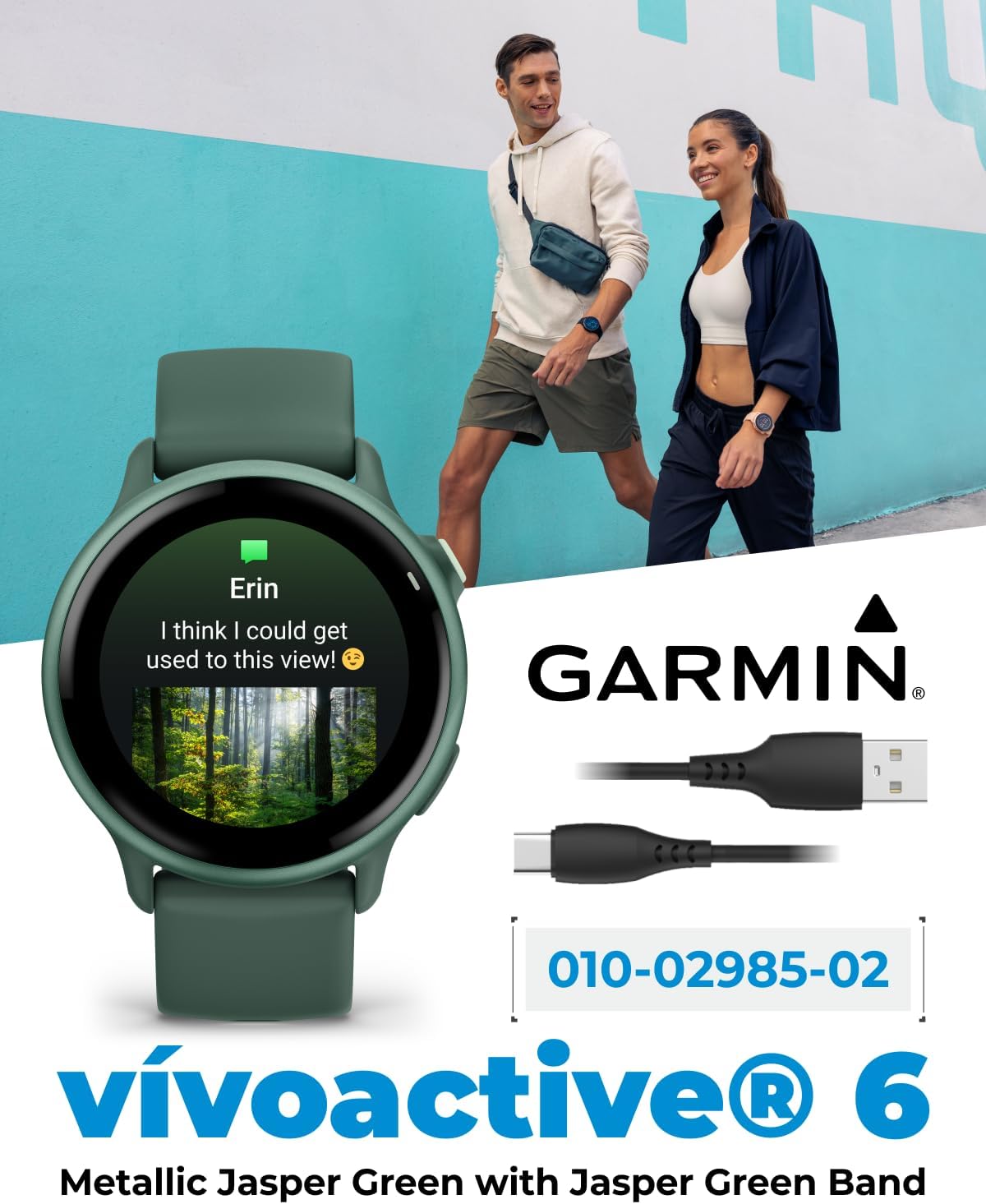 Garmin Vivoactive 6 - Health & Fitness Smartwatch, 1.2 in Bright AMOLED, GPS Sports Tracking, Up to 11 Days of Battery, Metallic Jasper Green & Jasper Green Band w White Earbuds Bundle