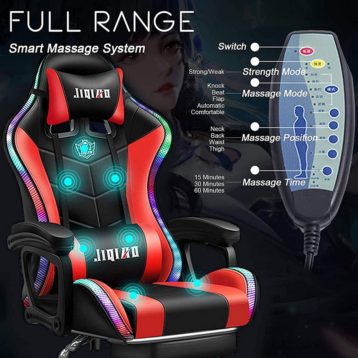 Gaming Chair /Pro Gaming Chair , Full Massager Lumbar Support and Bluetooth Speaker Video Gaming Chairs LED Lights Load-Bearing 150KG,Red