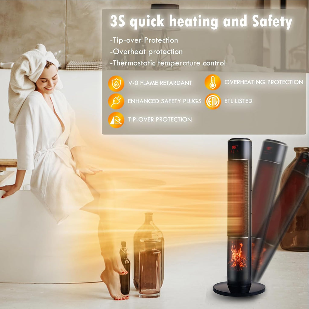 Portable Electric Space Heater for Large Room 37' Ceramic Tower Heater with 3D Flame for Room Heating,Oscillating,Remote Control,Tipover &overheating protection for Indoor Use(Black-I)