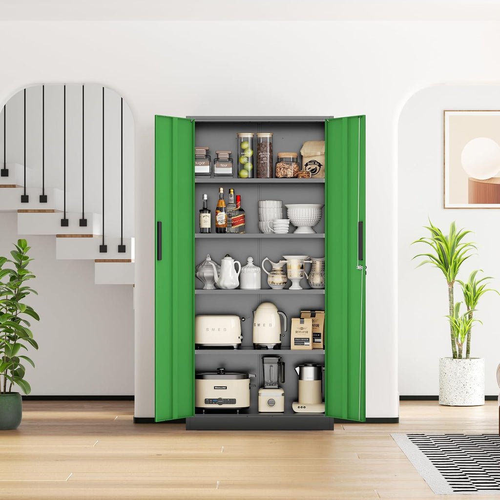 INTERGREAT Metal Storage Cabinet, 72' Locking Steel Cabinets with 2 Door and 4 Adjustable Shelves, Tall Metal Cabinet for Home Office, Garage, Warehouse,(Black+Green)