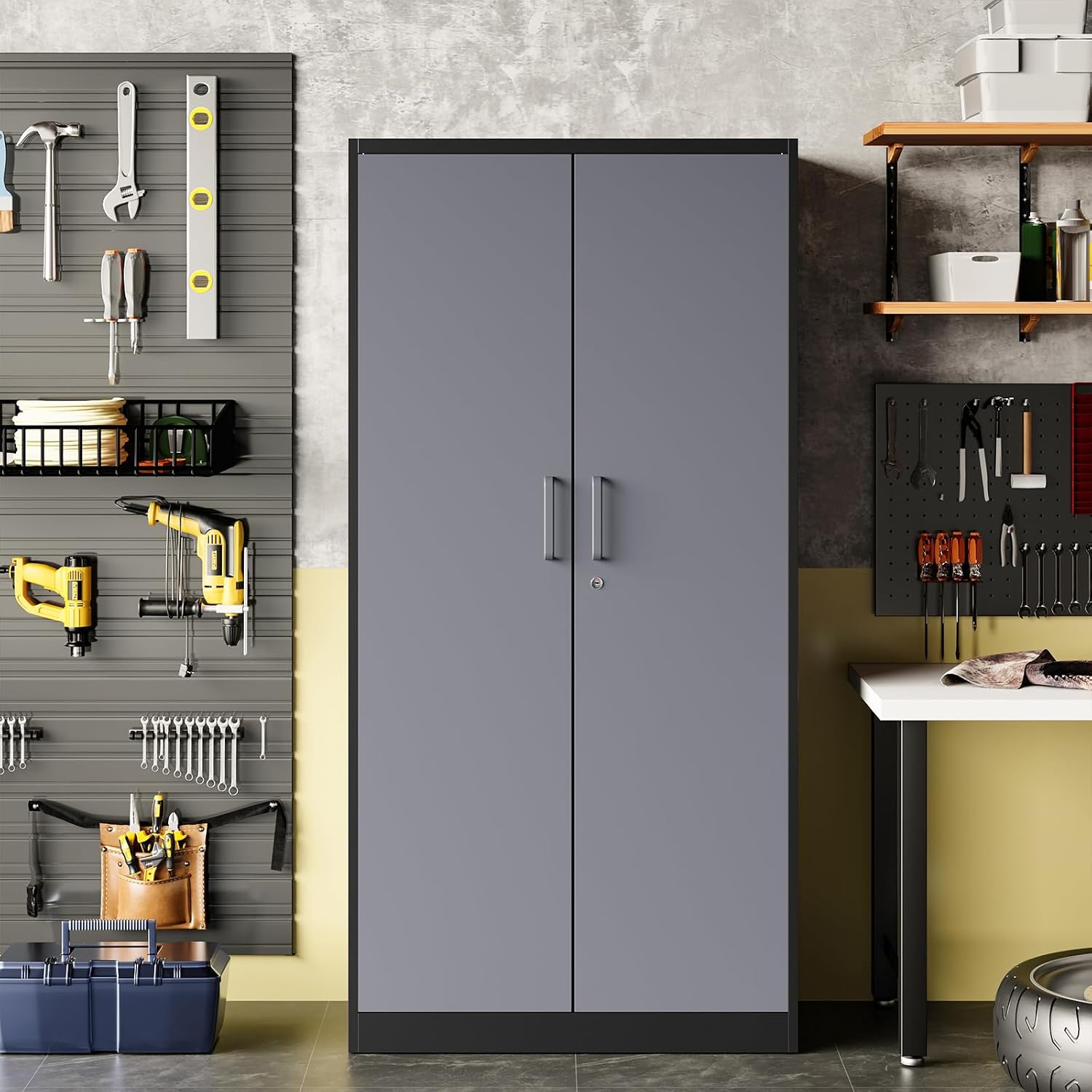 Metal Garage Storage Cabinet, 71/ inchs Locking Storage Cabinet with 2 Doors and 4 Adjustable Shelves, Lockable Metal Cabinet for Office,Home,Garage,Gym,School（Gray Black） SC9005D