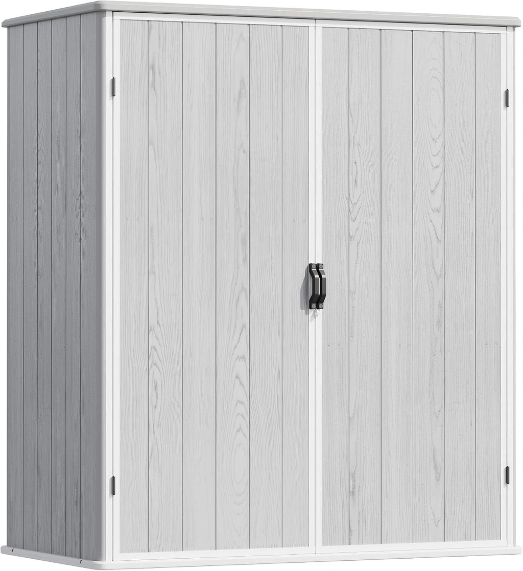 Devoko 5x3 FT Plastic Storage Shed with Floor, Small Resin Vertical Outdoor Storage Cabinet with Lockable Door, Waterproof Tool Garden Shed for Patio Lawn Backyard, Light Gray