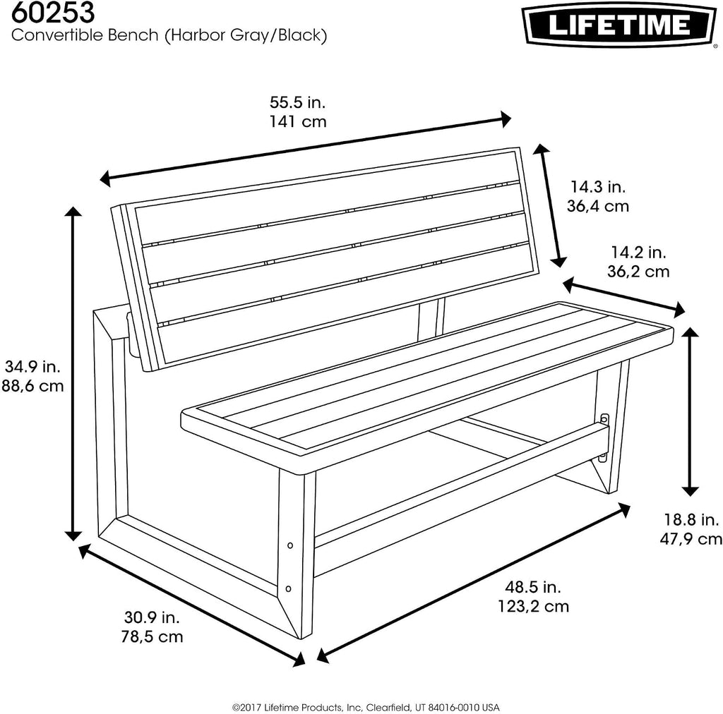 LIFETIME 60253 Outdoor Convertible Bench, 55 Inch, Harbor Gray