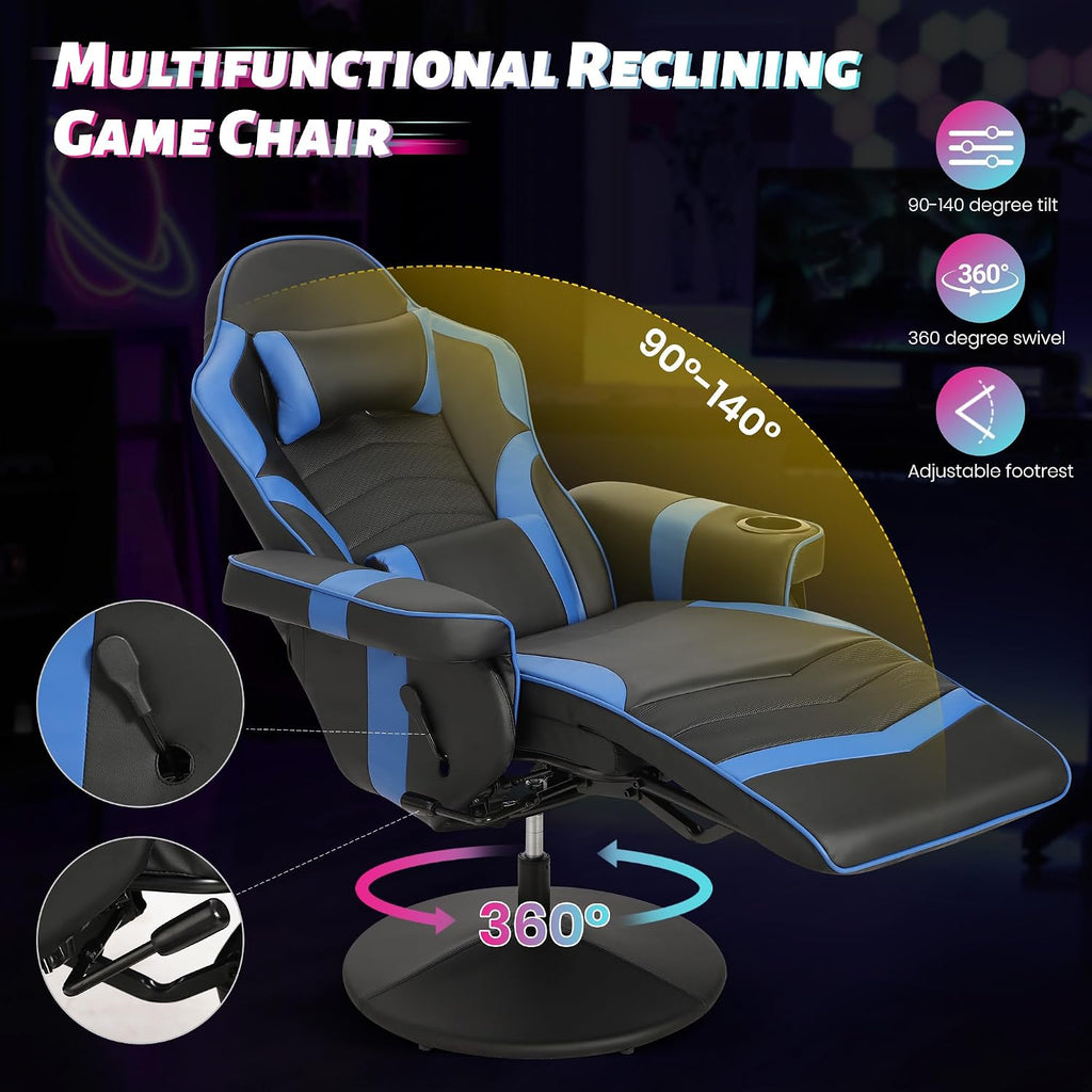 Game Reclining Chair with Adjustable Height, PU Gaming Chair with Massage, Long Footrest and Lumbar Support, High Back Swivel Computer Game Chair for Adult(Blue)