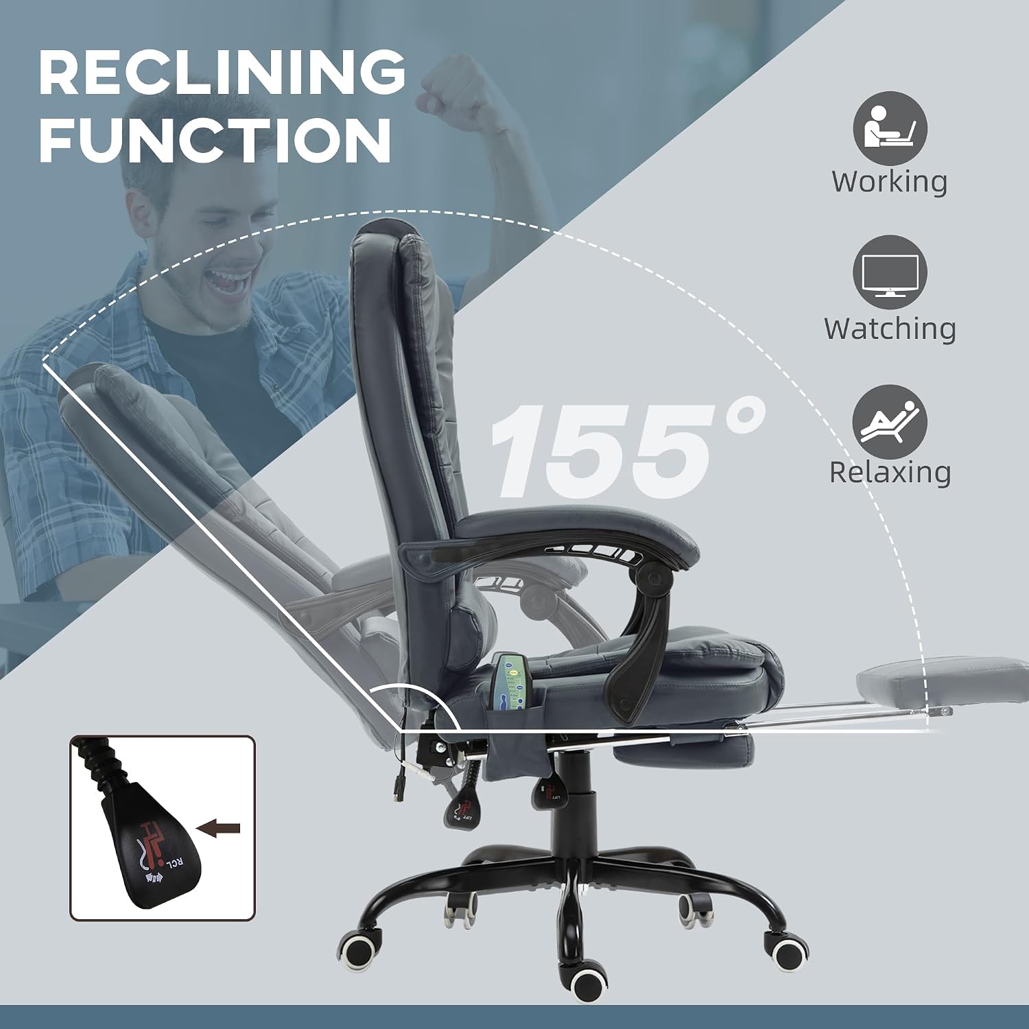 Vinsetto 7-Point Vibrating Massage Office Chair, High Back Computer Chair with Lumbar Support, Footrest, Reclining Back, Adjustable Height, Blue