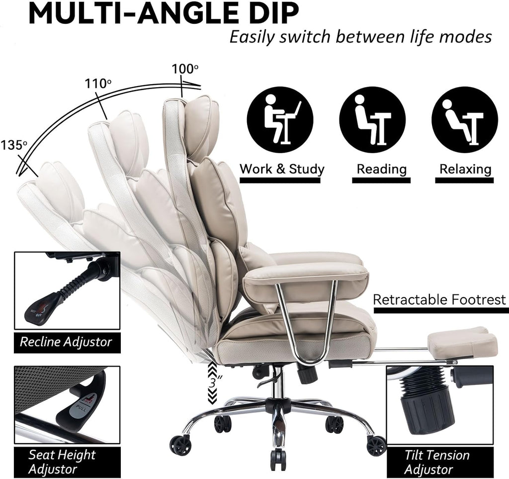 Efomao Big and Tall Office Chair, 400lbs Heavy Duty High Back Executive Chair with 23.6' Extra Wide Seat, PU Leather Desk Chair with Footrest and Padded Armrests, Grey