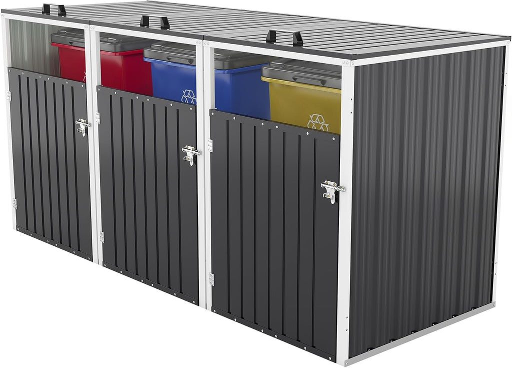 120 Cu.Ft Large Outdoor Trash Can Storage Shed for 3 Bins, Metal Garbage Can Enclosure, Waterproof Outdoor Trash Storage Cabinet & Small Generator Shed for Garden & Yard (Dark Gray)