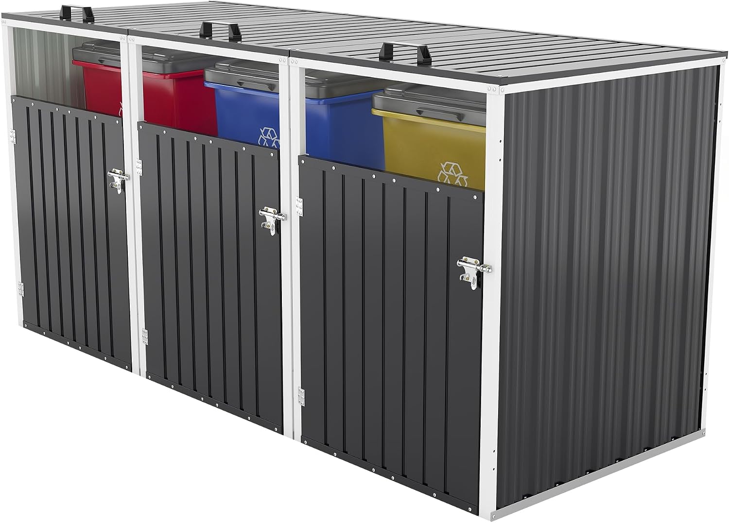 120 Cu.Ft Large Outdoor Trash Can Storage Shed for 3 Bins, Metal Garbage Can Enclosure, Waterproof Outdoor Trash Storage Cabinet & Small Generator Shed for Garden & Yard (Dark Gray)