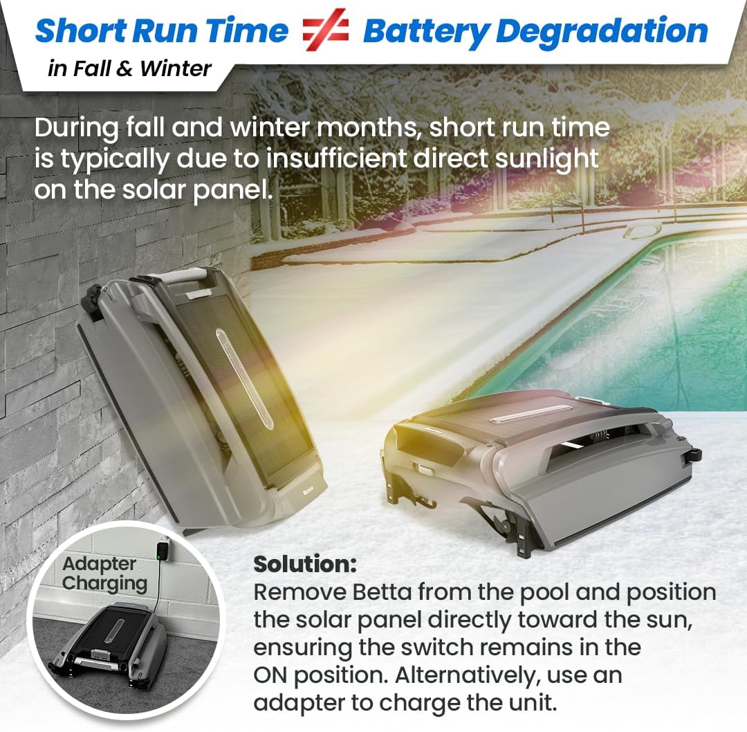 Betta SE Plus Solar Powered Robotic Pool Skimmer with Carrying and Storage Bag, 24/7 Continuous Cleaning Battery Power, Dual Charging Options, and Anti-Stuck Foam Noodle