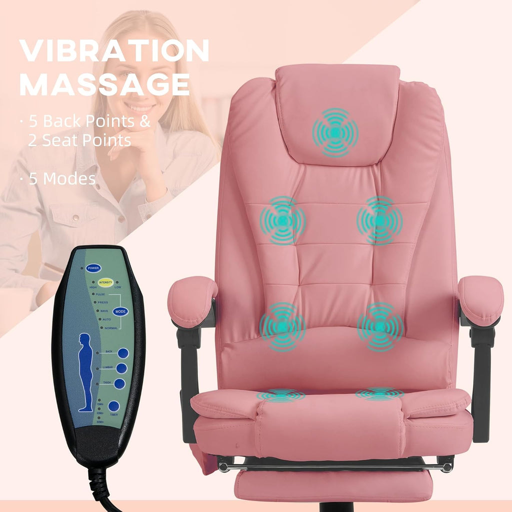 Vinsetto 7-Point Vibrating Massage Office Chair, High Back Computer Chair with Lumbar Support, Footrest, Reclining Back, Adjustable Height, Pink