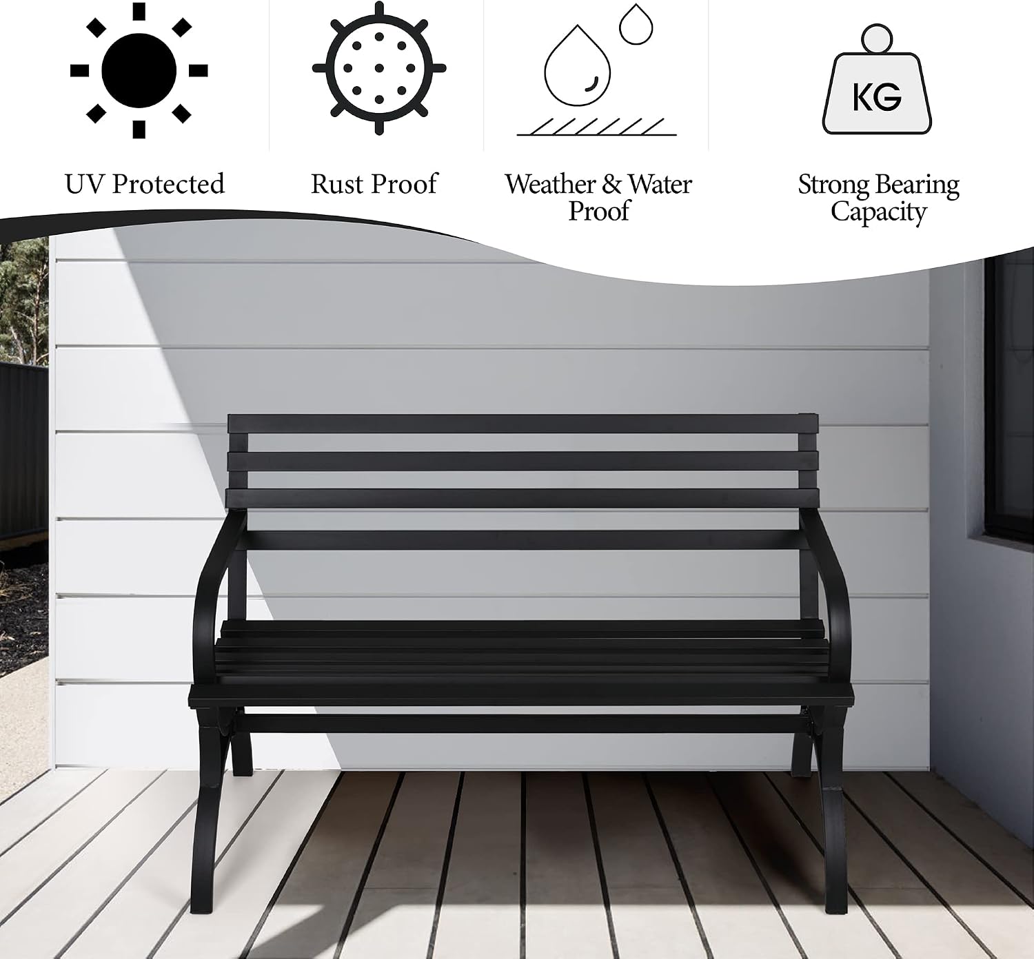 PHI VILLA Outdoor Garden Bench, 48' Long Metal Steel Bench with Backrest and Armrests, Modern Slatted Design for Patio, Lawn, Yard, Porch - Black