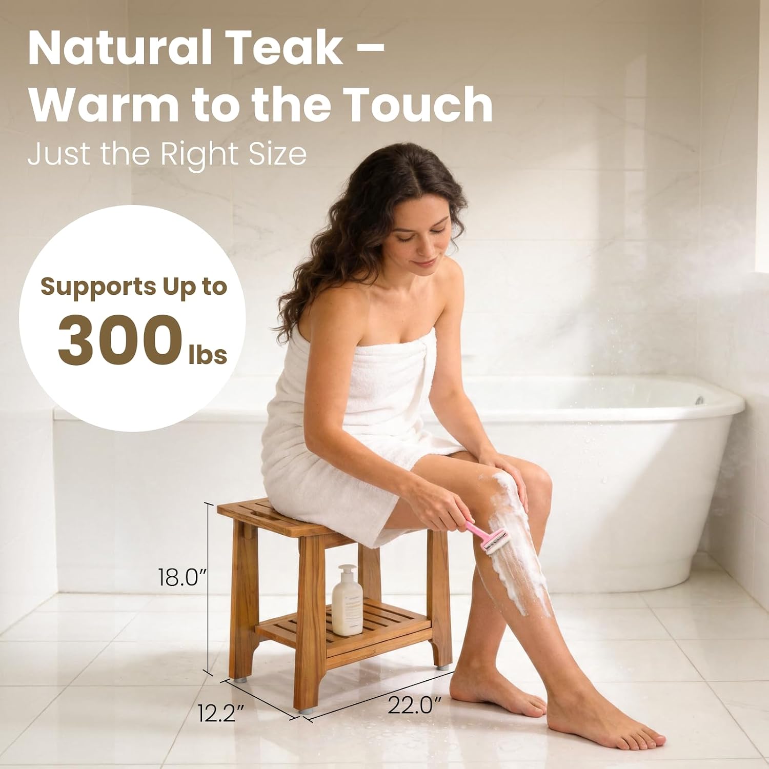 24' Large Teak Shower Bench with Shelf & Handle - Waterproof Spa Stool, Non-Slip Leveling Feet & 300 lbs Capacity - for Showers, Saunas/Steam Rooms & Outdoor Pools (Patented)
