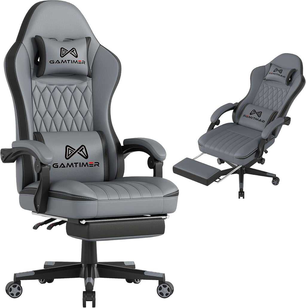 Gamtimer Gaming Chair with Footrest, Ergonomic Computer Chair, PU Breathable Material with Headrest and Lumbar Support, Suitable for Silla Gamer and Adults（Grey）