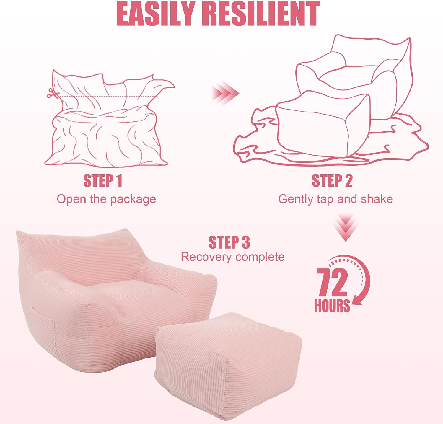 Giant Bean Bag Chair with Ottoman, Comfy Bean Bag Couch with 2 Side Pocket, Corduroy Boneless Couch Chair in a Box, Stuffed Lounge Floor Sofa for Dorm, Bedroom, Living Room, Pink
