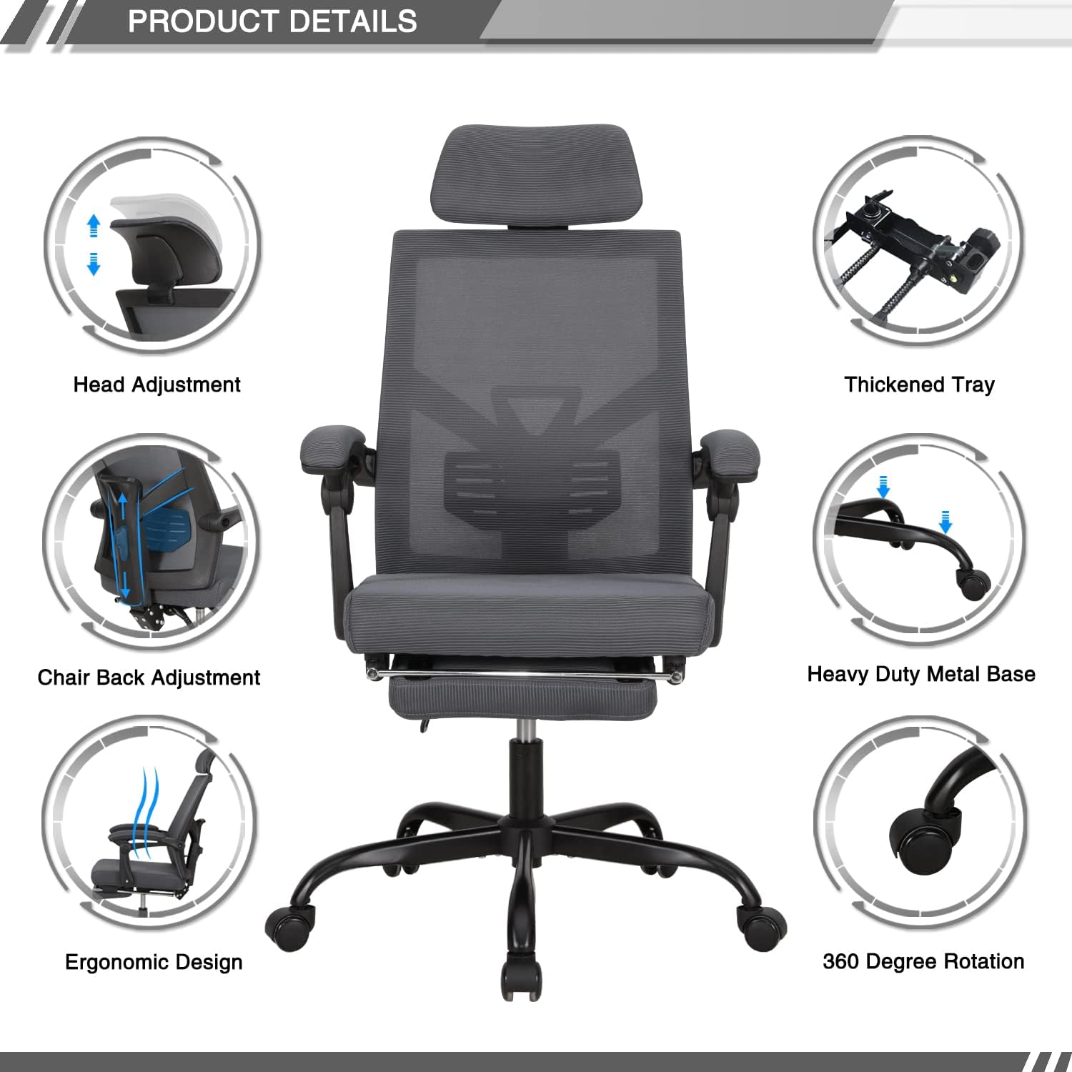 Qulomvs Mesh Ergonomic Office Chair with Footrest Home Office Desk Chair with Headrest and Backrest Adjustable Computer Executive Desk Chair with Wheels 360 Swivel Task Chair